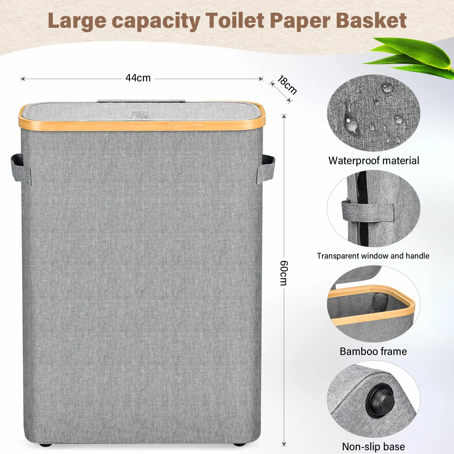 Kosz do przechowywania papieru toaletowego z pokrywką, 47 l bambusowy organizer do papieru toaletowego, organizer do łazienki, przezroczysty pojemnik na rolki papieru toaletowego z uchwytem i nóżkami