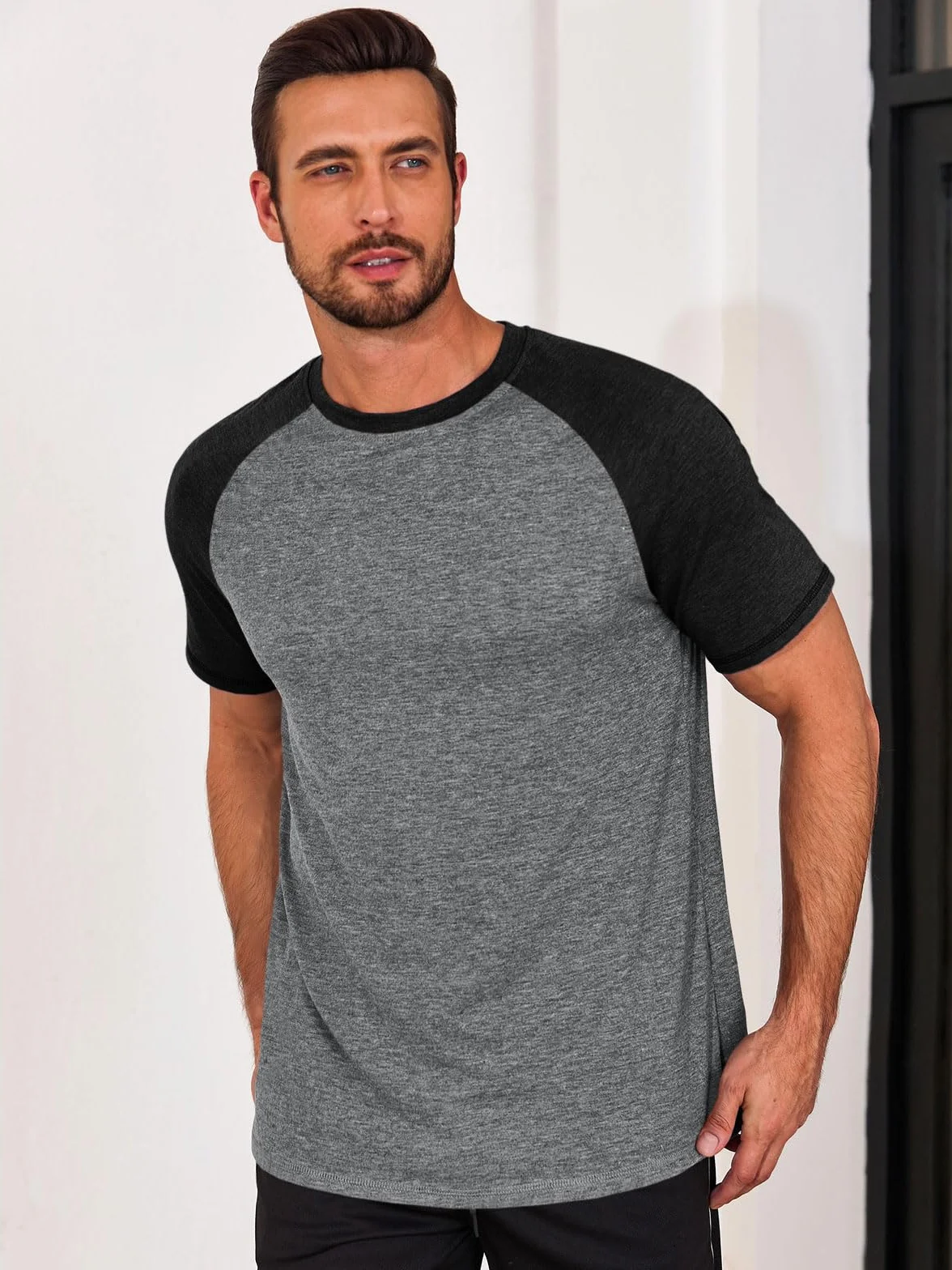 Runcati Męski T-shirt z krótkim rękawem, krój slim fit, koszulka męska na lato, okrągły dekolt, rękawy raglanowe, koszulka sportowa, blok kolorów, na siłownię, do fitnessu, na co dzień