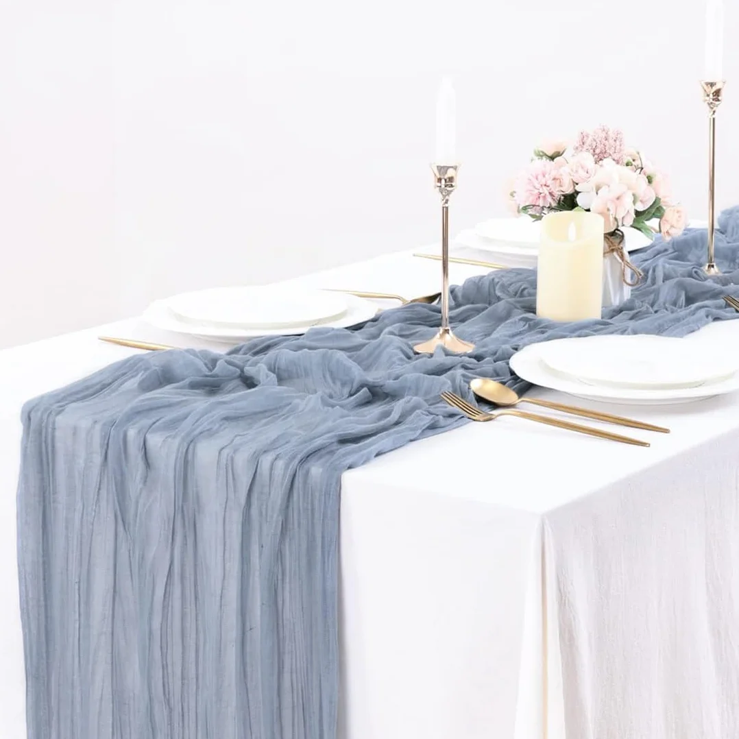 Niebieski bieżnik na stół, 90 x 400 cm, gaza, bieżnik na stół, bieżnik na ser w stylu boho, rustykalna elegancka dekoracja stołu na wesele, chrzest, baby shower, urlop, imprezę