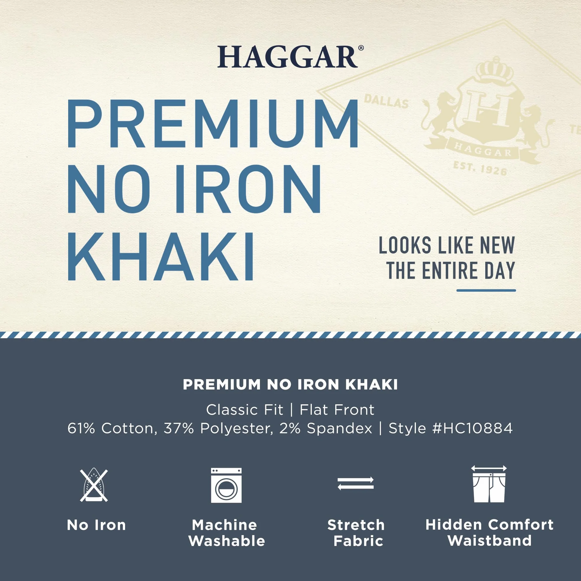Haggar Męskie spodnie, jakość premium, kolor khaki, prosty krój, płaski przód, elastyczny pas, na co dzień, bez prasowania