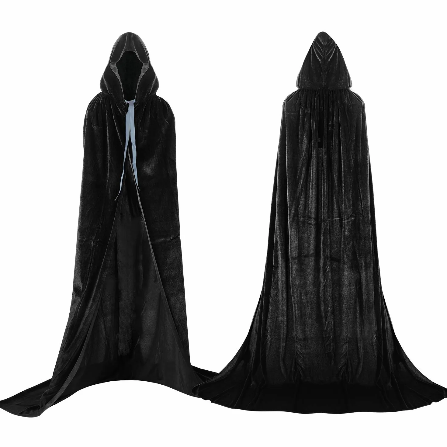 Proumhang Czarny Płaszcz z kapturem Długi aksamit Dla dorosłych Unisex Fancy Dress Kostium Halloween Boże Narodzenie-170cm