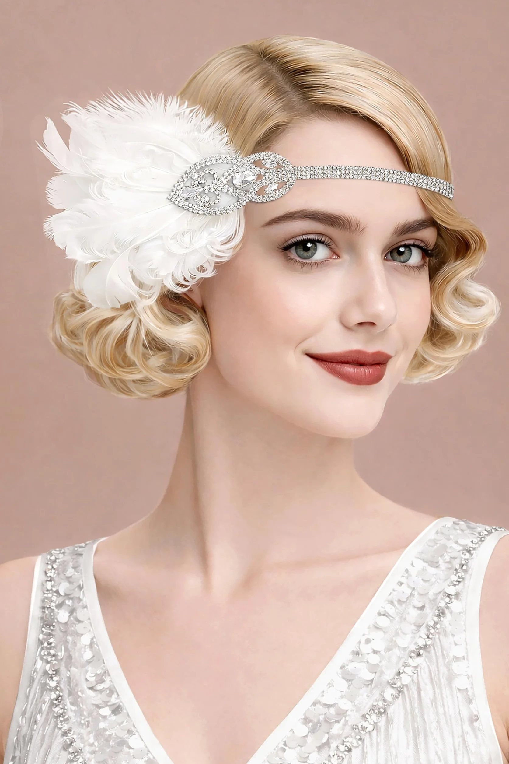 BABEYOND Opaska na głowę z piórami z lat 20., elastyczna ozdoba na głowę w stylu vintage w stylu art deco, biała