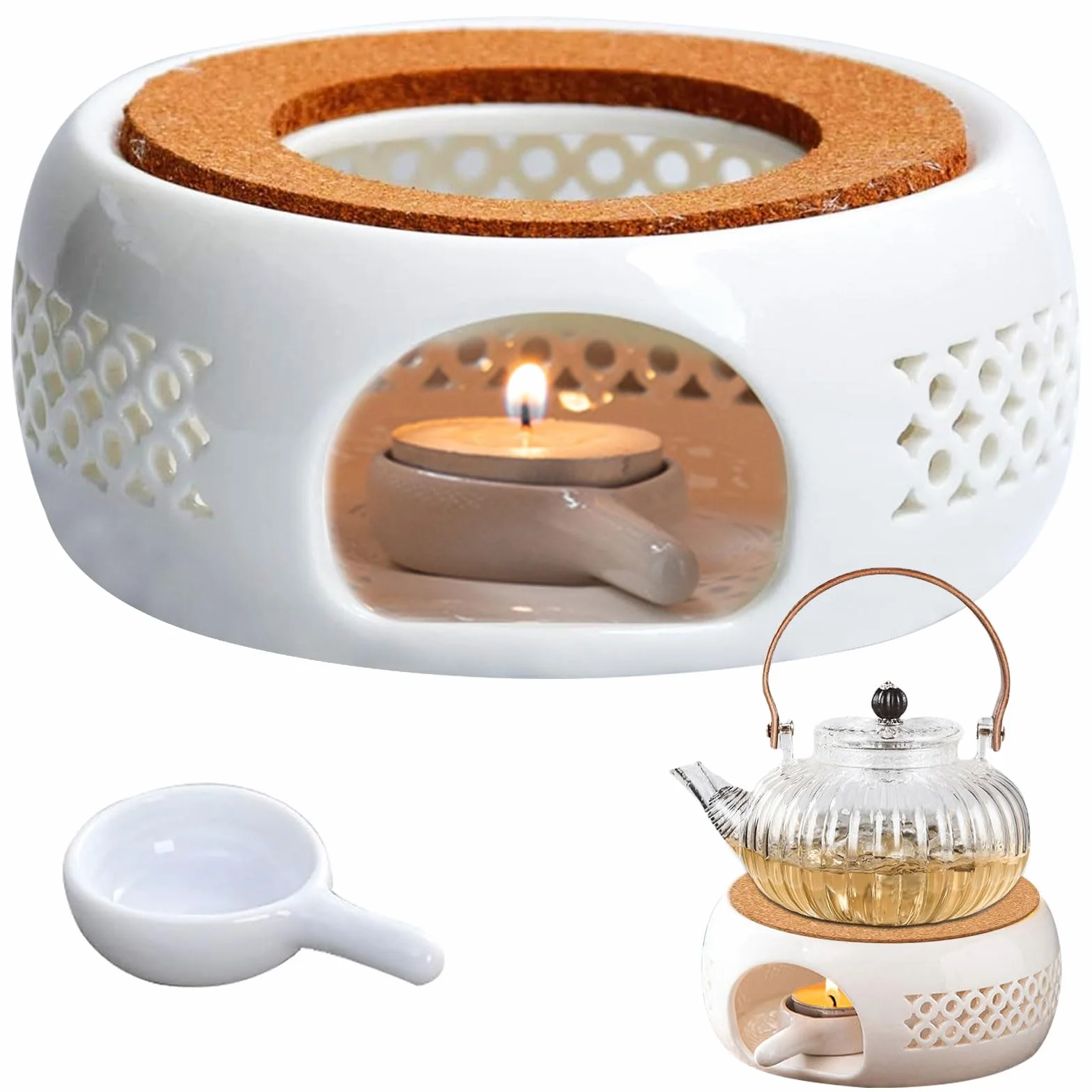 Ceramiczny podgrzewacz do czajnika z podkładką z korka, biały, z łyżeczką