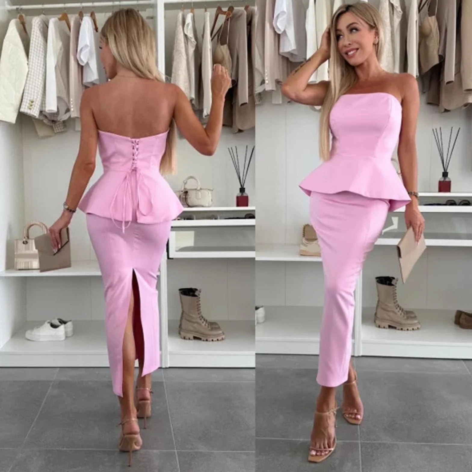 Owijany top na klatkę piersiową, 2 sztuki, damski kombinezon z tyłu, bandeau, krój A-Line, smukły krój, rozcięcie na bal, wesele, formalne przyjęcie
