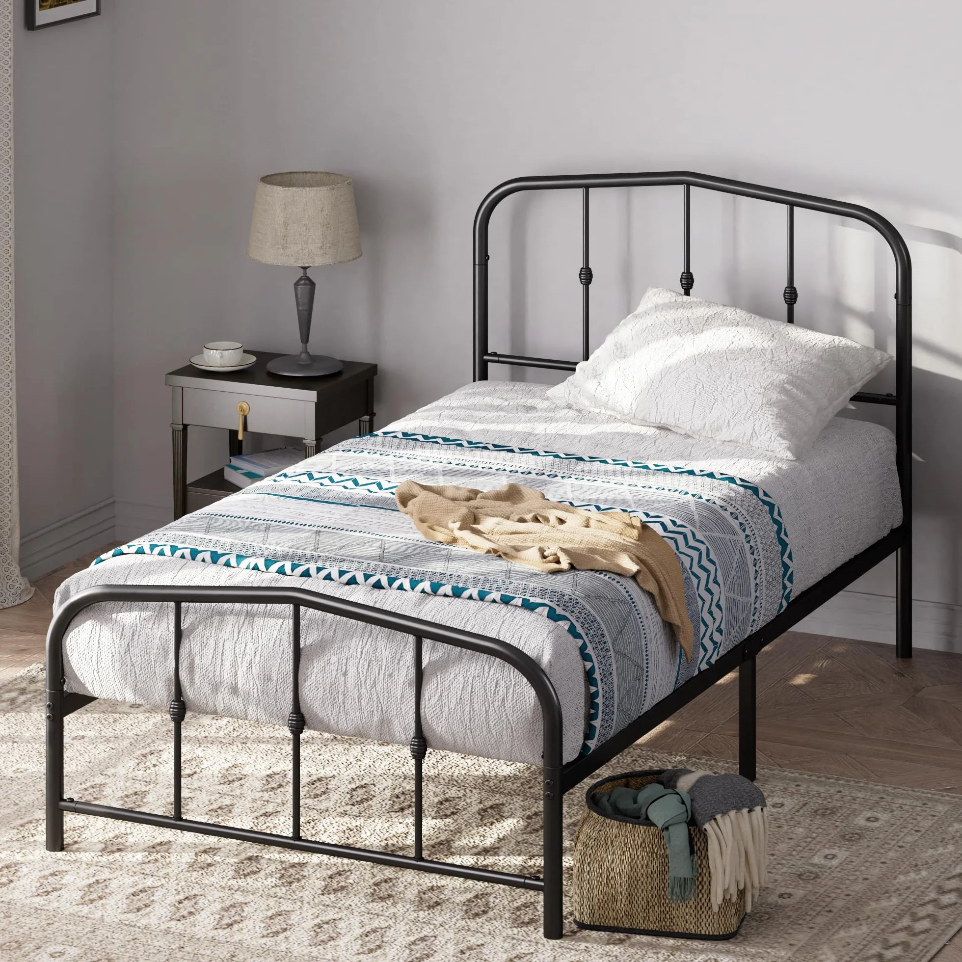 ZINUS Heidi Metalowa rama łóżka z zagłówkiem i podnóżkiem 90 x 200 cm czarna 31 cm stalowa nakładka na materac