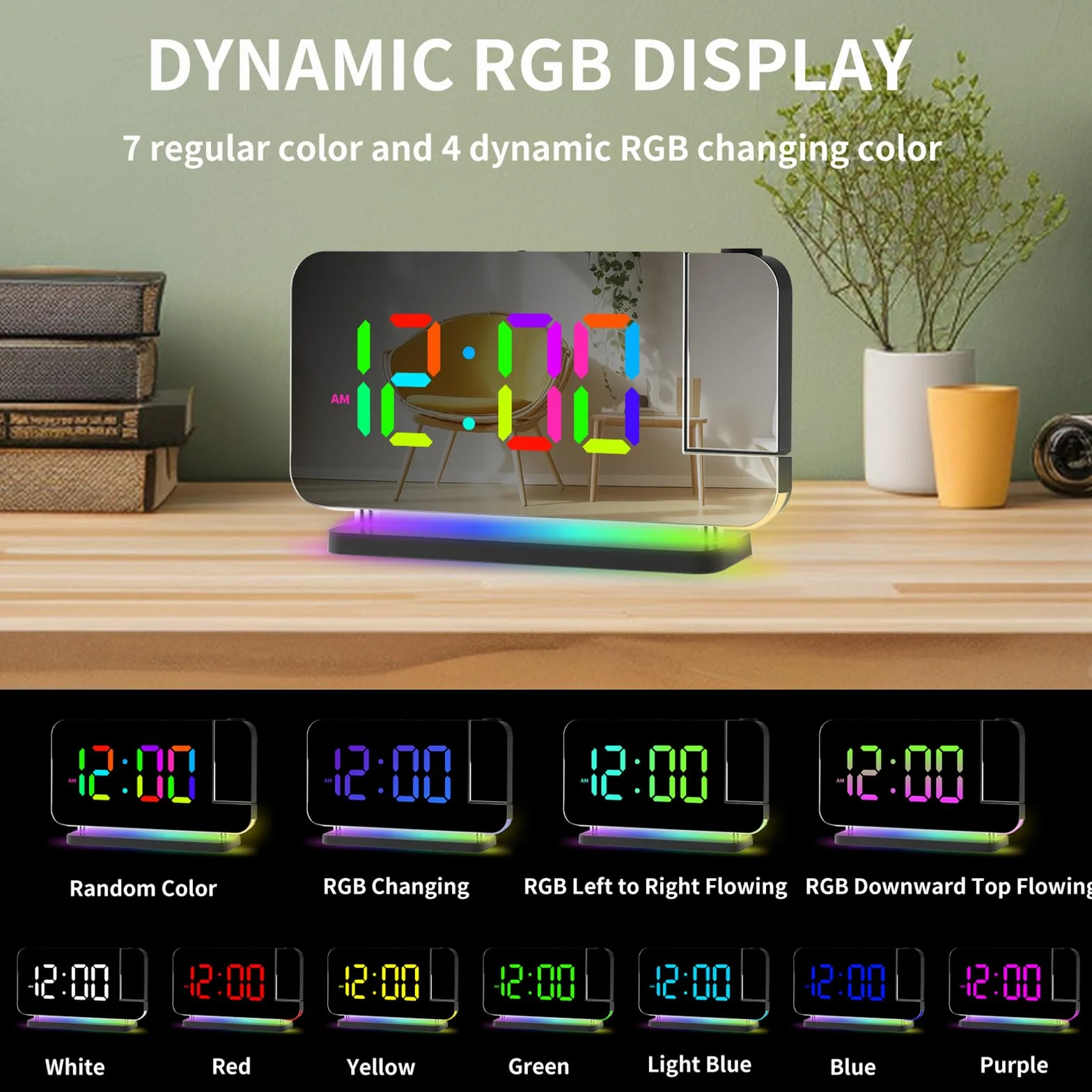 Cuteefun Budzik projektora sufitowego z podwójnym portem USB C/A, wyświetlacz RGB 11 kolorów, 6 poziomów jasności