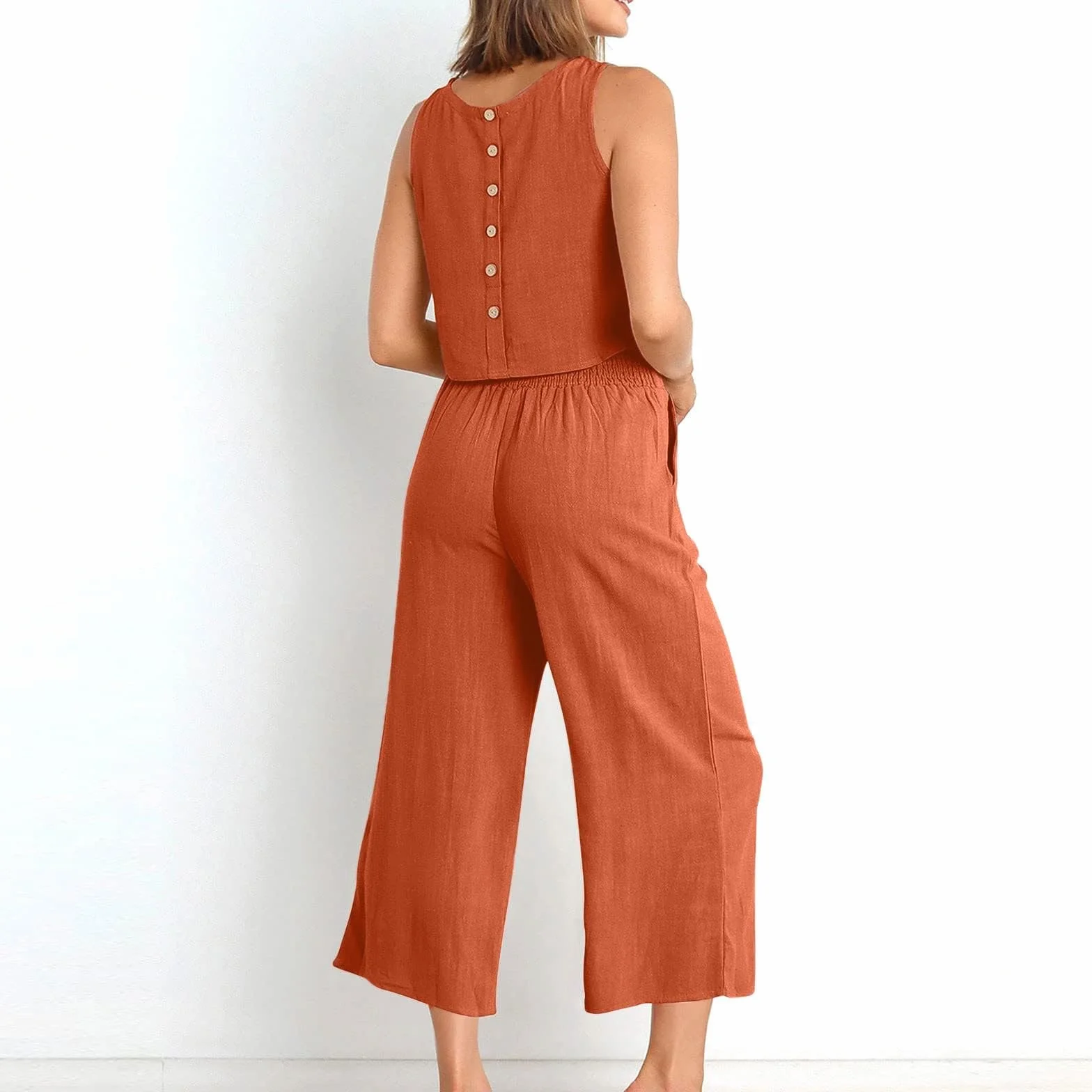 Damski letni dwuczęściowy bezrękawnik i spodnie bez rękawów 2-częściowe eleganckie spodnie garnitury bawełniane lniane dres do joggingu letnie spodnie garnitury dla kobiet strój na co dzień