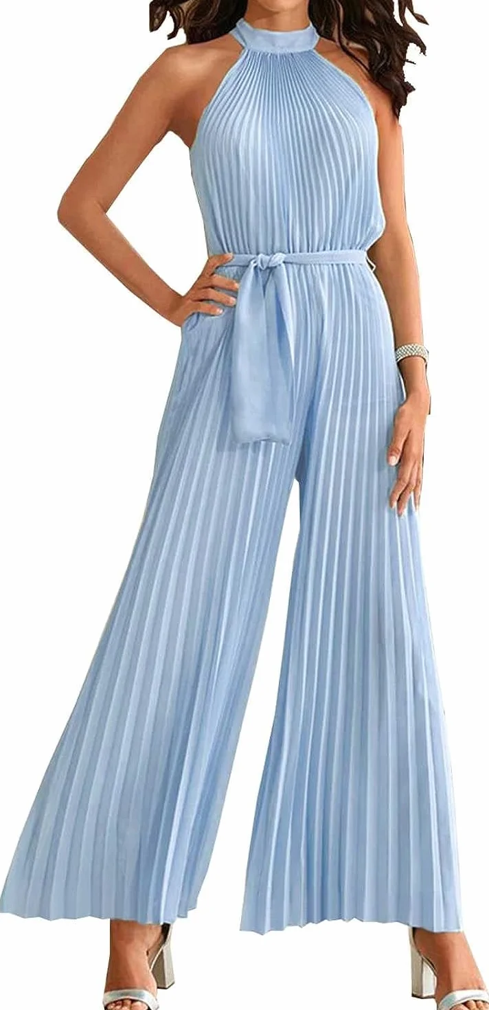 Odzież na co dzień Damskie letnie kombinezony Halter Neck Bez rękawów Plisowany kombinezon z szerokimi nogawkami Eleganckie spodnie (Color : Blue, Size : L/Large)