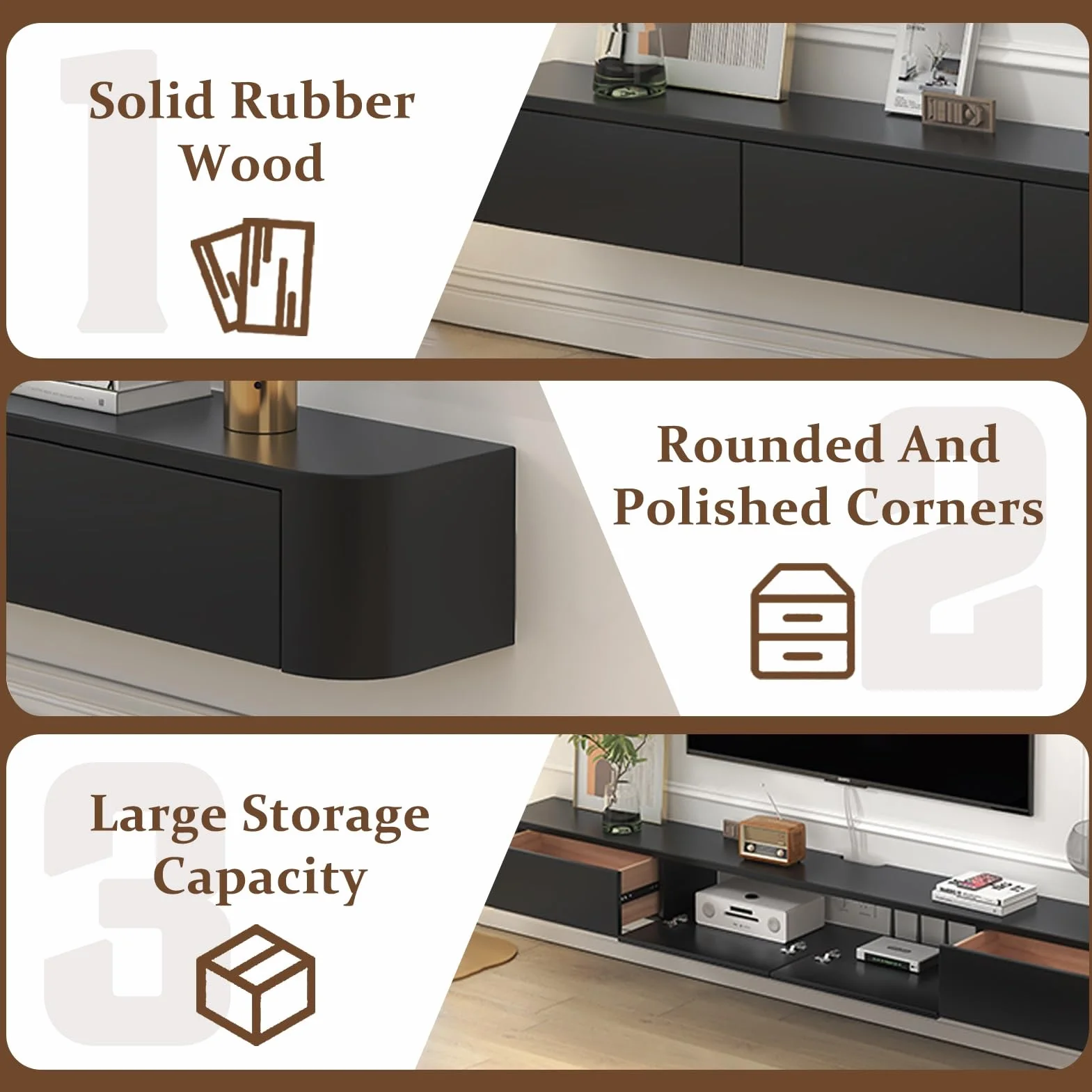 Solid Wood Wall-Mounted TV Storage Cabinet z Szafkami 160cm Czarny