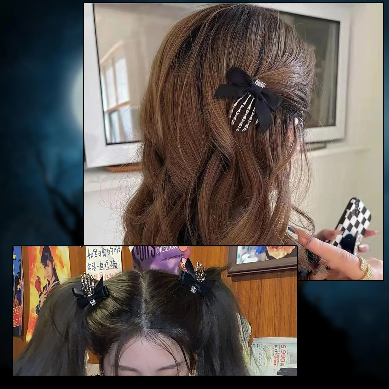 TONAUP Spinki do włosów na Halloween, z trupią czaszką, 2 sztuki, spinka do włosów z czarną muszką, w stylu vintage, na imprezę z horrorem, Halloween