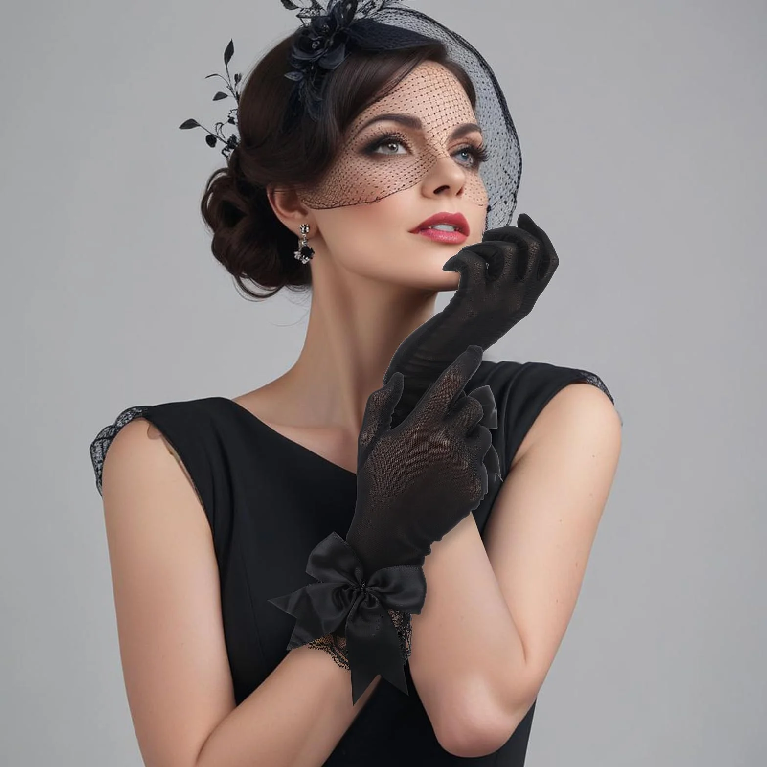 Yuanchu Damskie rękawiczki siatkowe z kokardką, przycięte koronkowe rękawiczki, czarne rękawiczki, eleganckie rękawiczki ślubne, etykieta, akcesoria do rąk, na Boże Narodzenie, ślub, imprezę