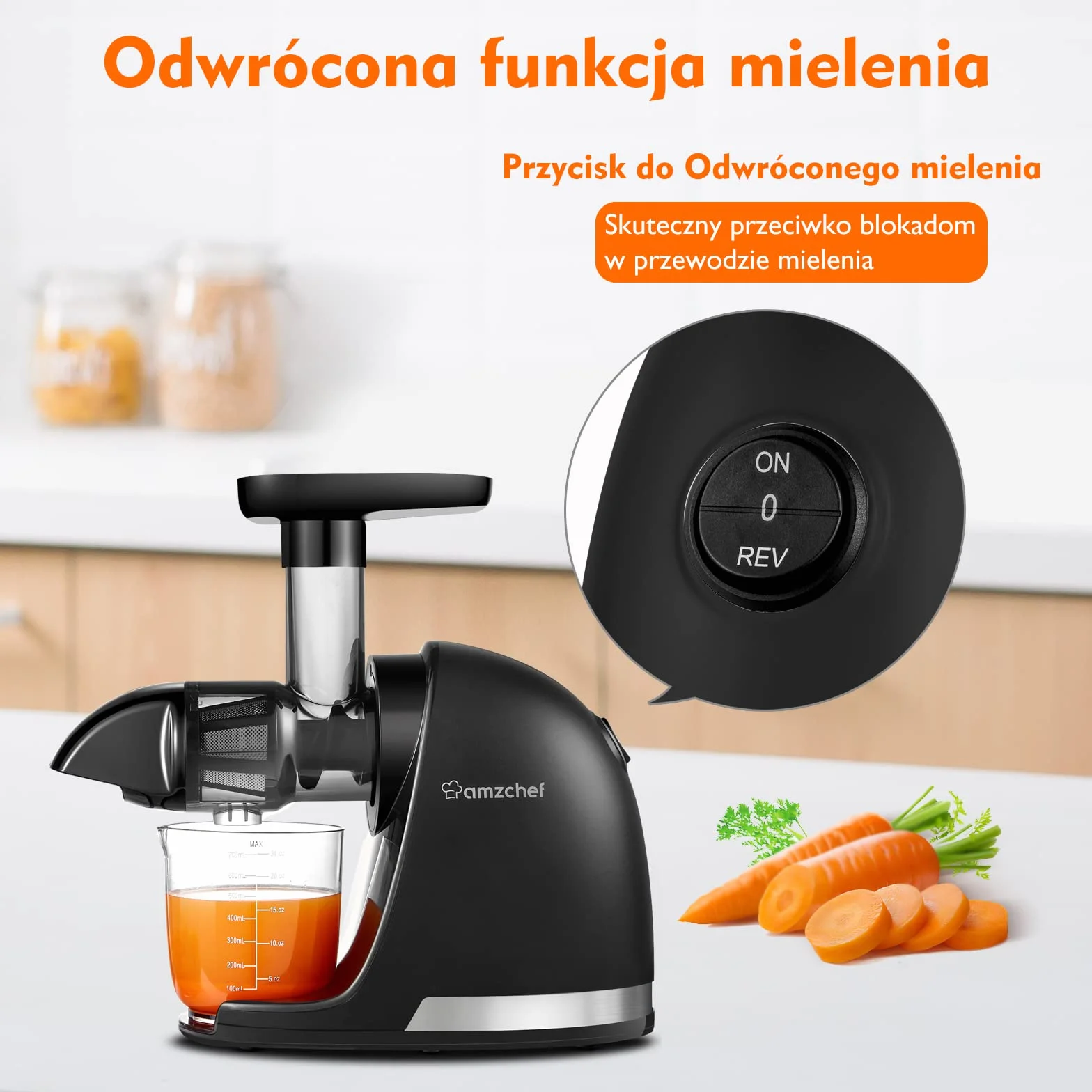 AMZCHEF Wolnoobrotowa Wyciskarka Do Soków Na Zimno Czarny matowy