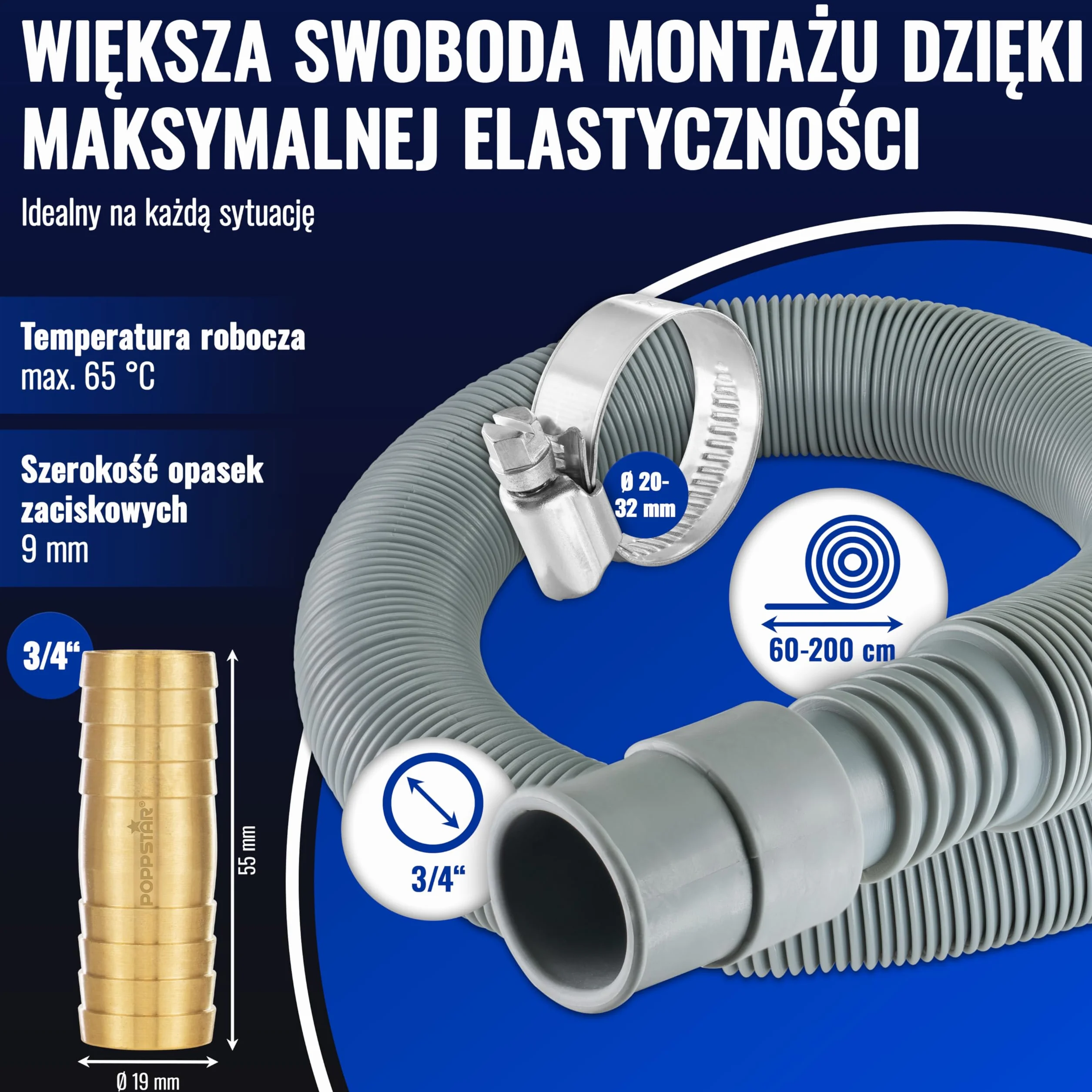 Poppstar zestaw przedłużający wąż odpływowy 3/4" elastyczny rozciągliwy 60-200 cm mosiężny złącznik 19mm