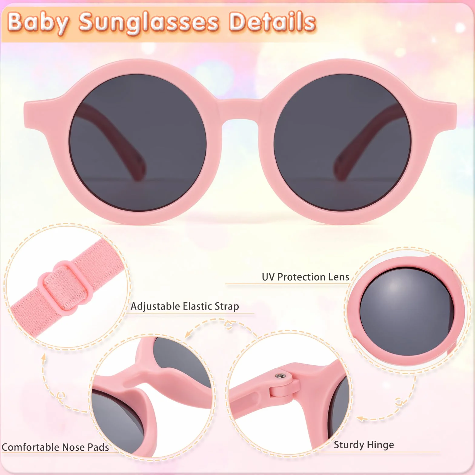 Okulary przeciwsłoneczne dla niemowląt, elastyczne okulary przeciwsłoneczne UV400 z regulowanym paskiem dla dziewczynek i chłopców w wieku 0-24 miesięcy, Różowy kolor