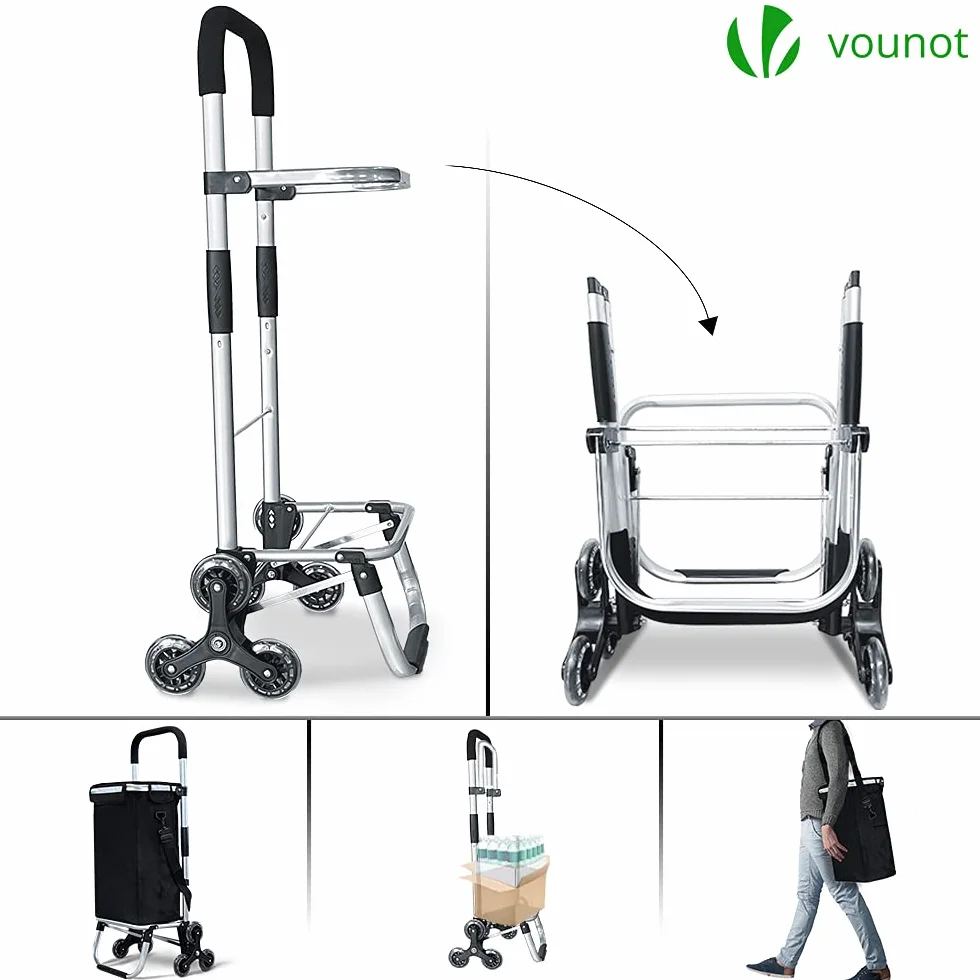 VOUNOT Składany wózek na zakupy na 6 kółkach, aluminiowy lekki koszyk na zakupy z izolowaną torbą chłodzącą, schody wspinaczka wózek spożywczy, 35 l, czarny