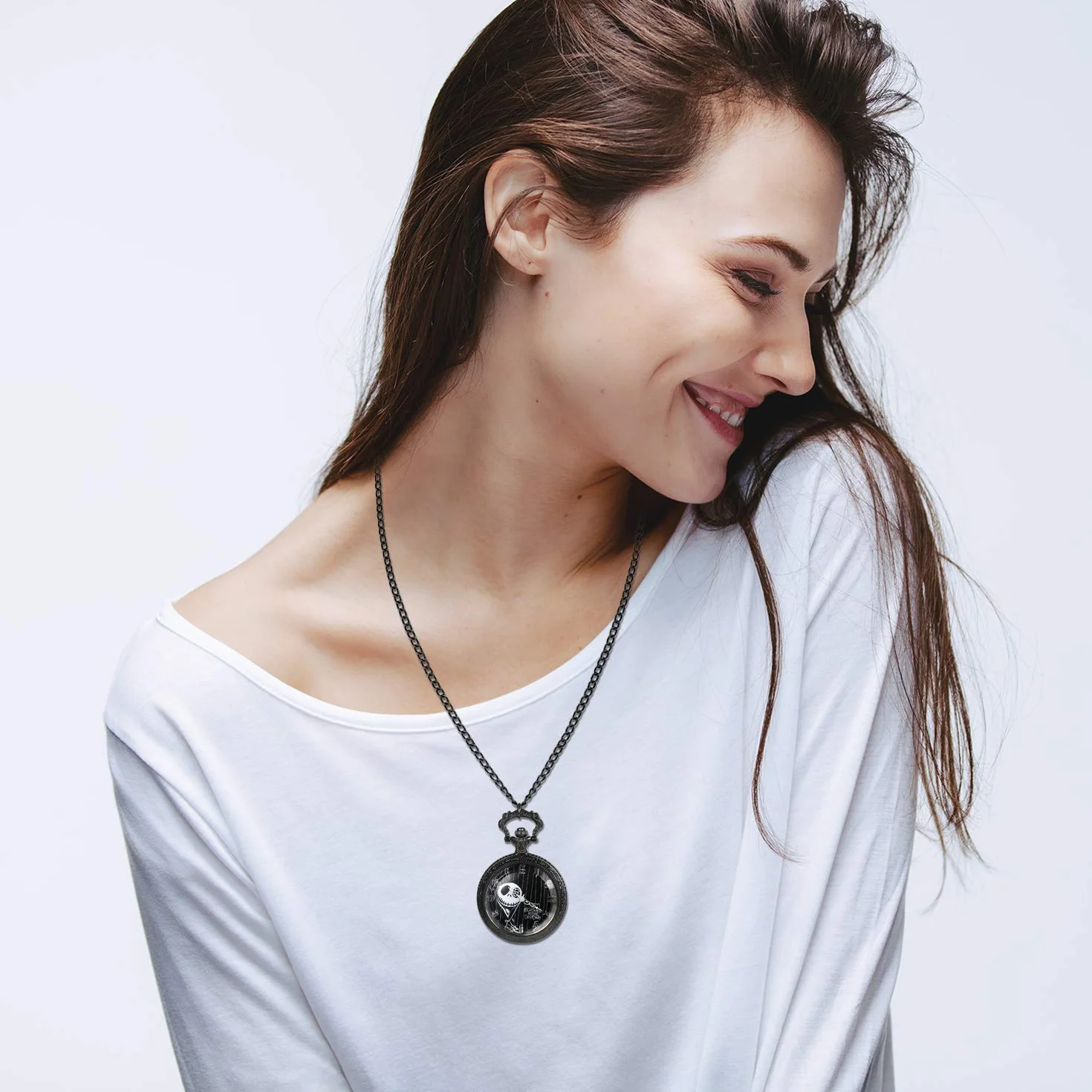 JewelryWe Nightmare Before Christmas zegarek kieszonkowy męski damski antyczny zegarek kieszonkowy z łańcuszkiem czarny naszyjnik zegarek na Boże Narodzenie