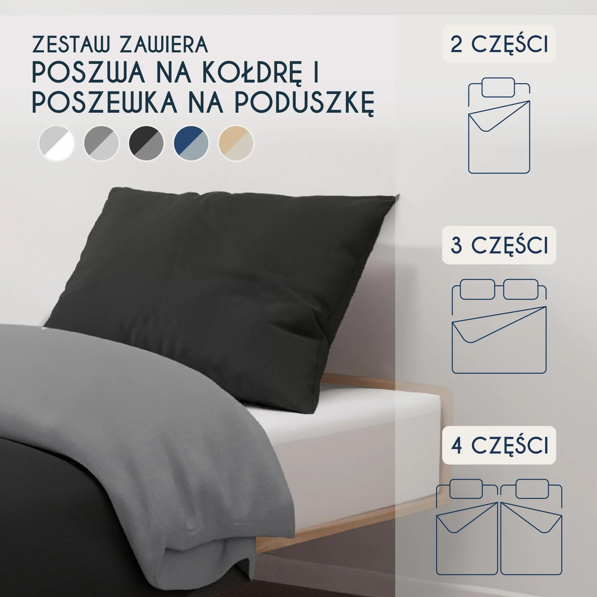 Dreamzie Zestaw pościeli 140x200 cm z poszewką 65x65 cm Czarny Ciemnoszary 100% mikrofibra Oeko TEX