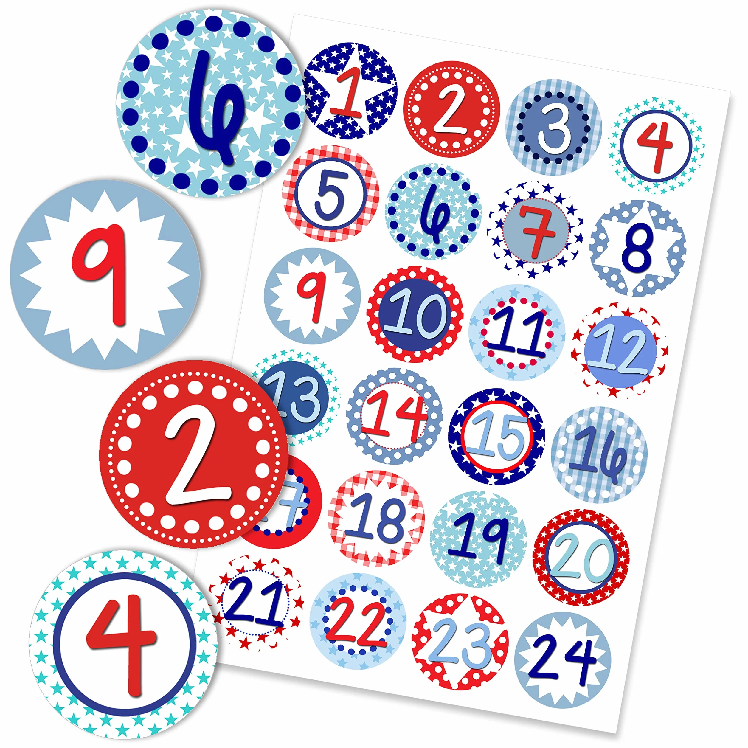 24 naklejki z numerami kalendarza adwentowego - niebieskie czerwone wzorzyste nr 12 - naklejki 4 cm - do majsterkowania i dekorowania - przez Papierdrachen