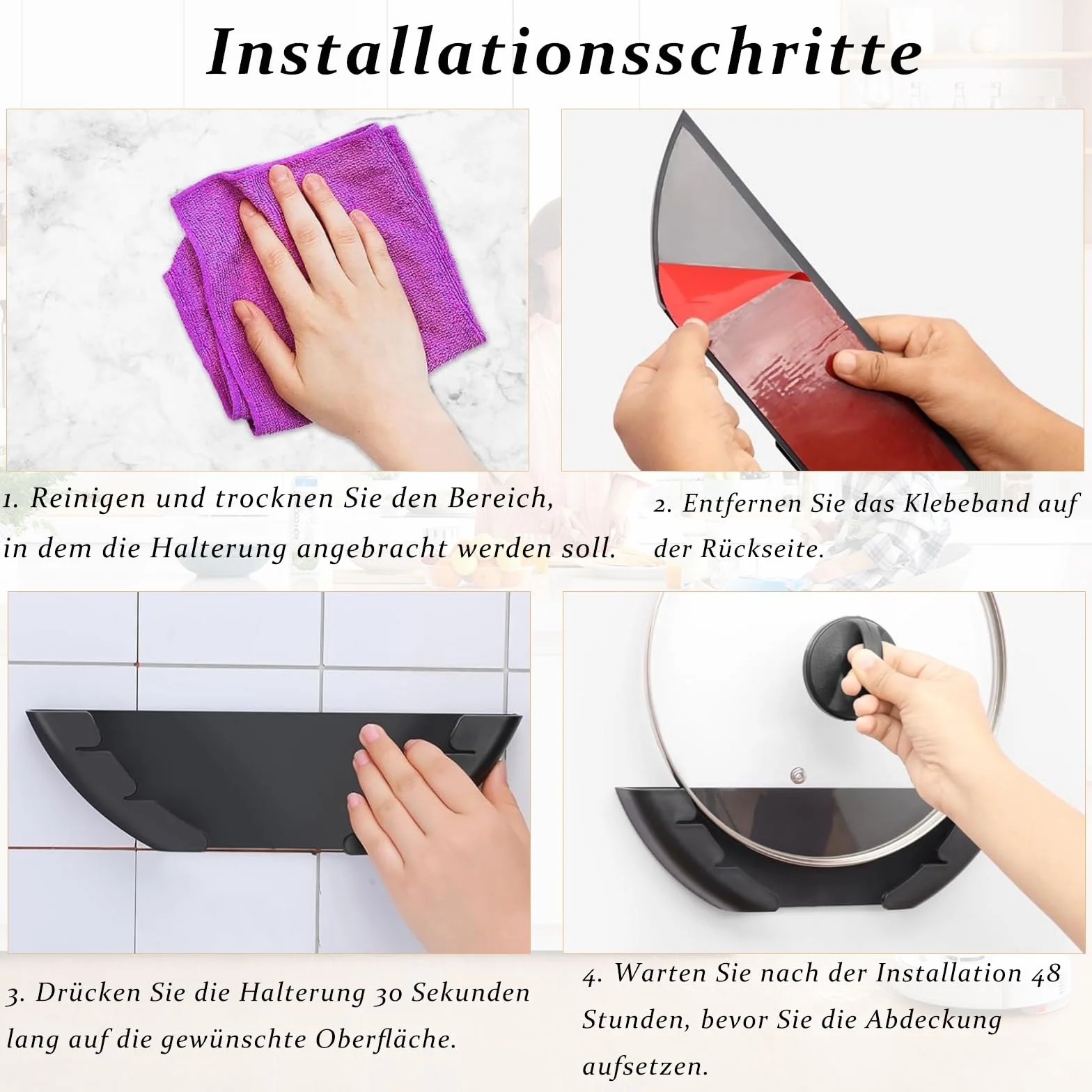 Samoprzylepny uchwyt ścienny na pokrywkę garnka 4 sztuki 15-34 cm organizer do szafki czarny