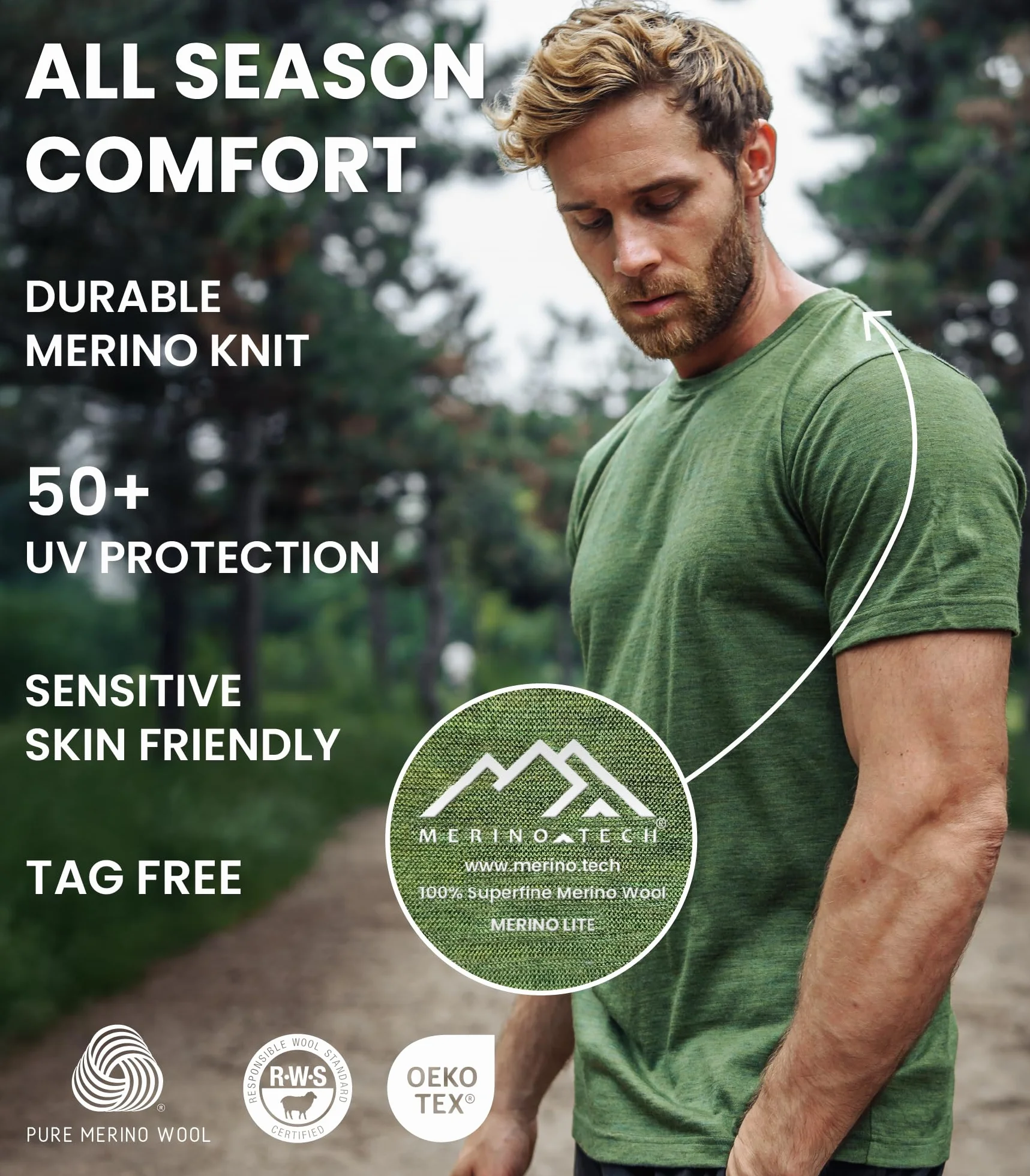 Merino.tech T-shirt męski z wełny merynosów - 100% organiczna wełna merynosowa lekka warstwa bazowa + skarpety wełniane do wędrówek