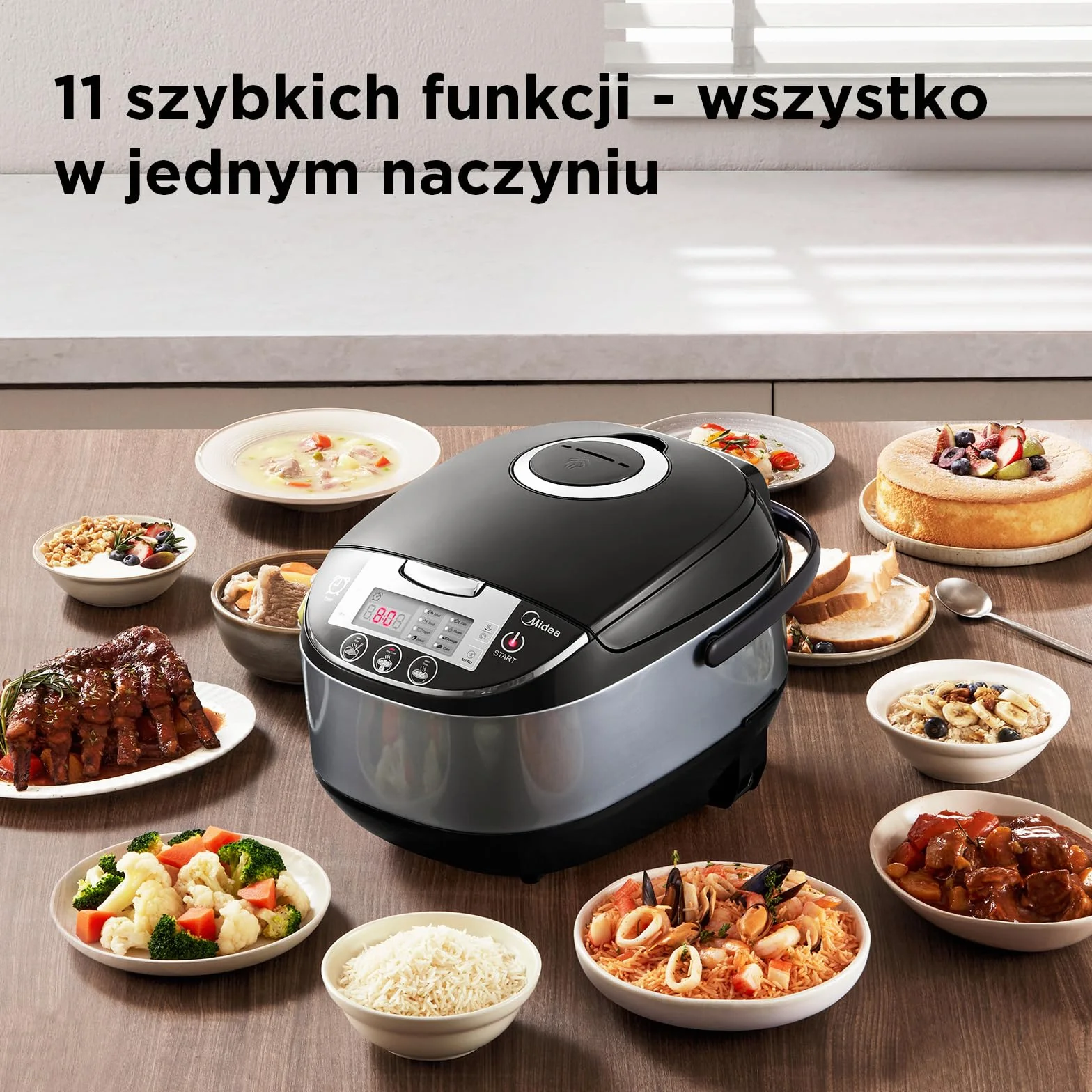 Midea Szybkowar do ryżu, wielofunkcyjny garnek z 11 programami, Rice Cooker 1,8 l do 10 osób, wolnowar z parowarem, wewnętrzny garnek premium, funkcja utrzymania ciepła, timer, technologia 6-fazowa