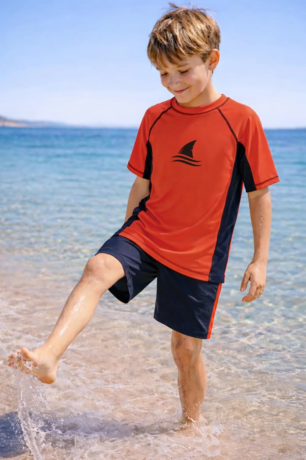 Rashguard chłopięca koszulka do pływania z krótkim rękawem UV koszulka kąpielowa okrągły kołnierz, moda kąpielowa, suszenie 104-164