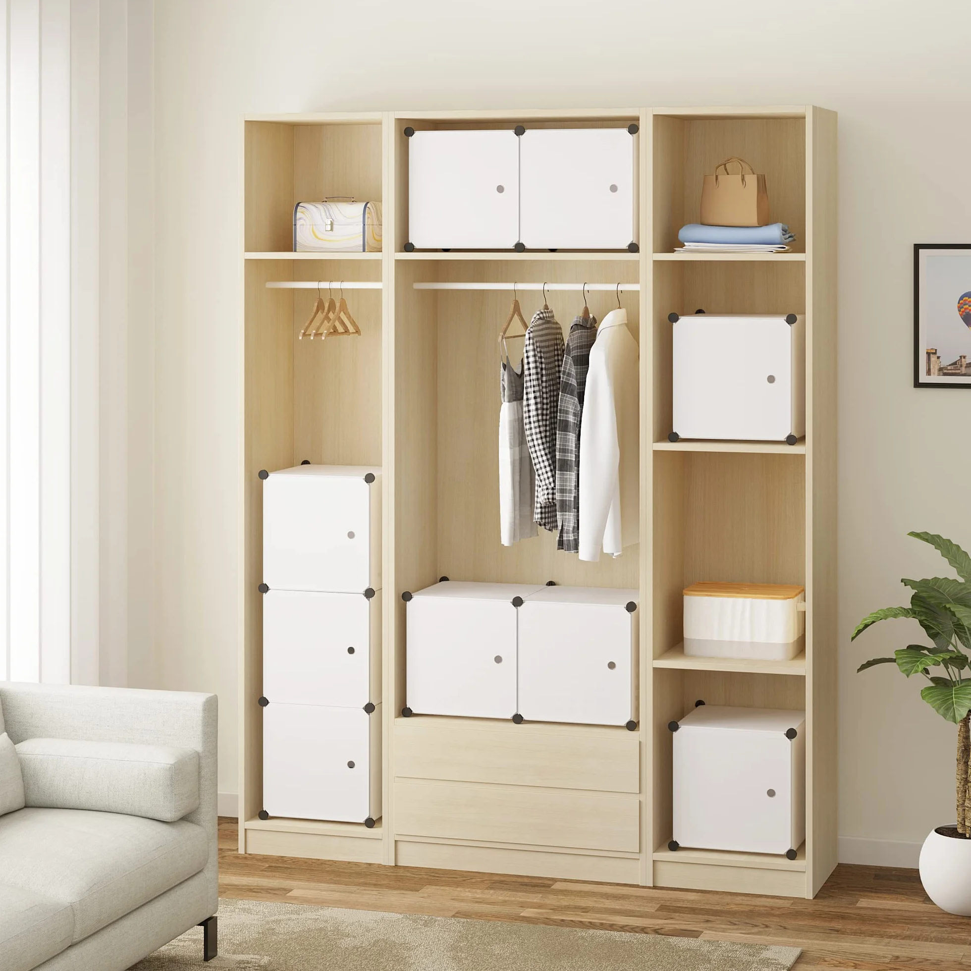 WOLTU szafa SR0055ws DIY system półek wtykowa regał z drzwiami 9 przegródek plastik 111x37x111cm biały
