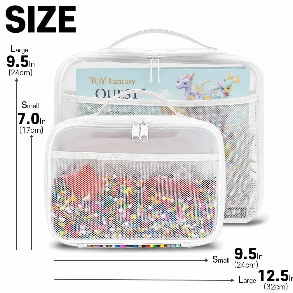 holay Zestaw 4 Dużych Toreb Organizerów PVC na Zabawki z Zamkiem, Etykietą Imienną i Kieszenią na Instrukcję, Przezroczyste Etui na Klocki, Plastelinę, Gry Planszowe, Podróż (Szary, Duży)