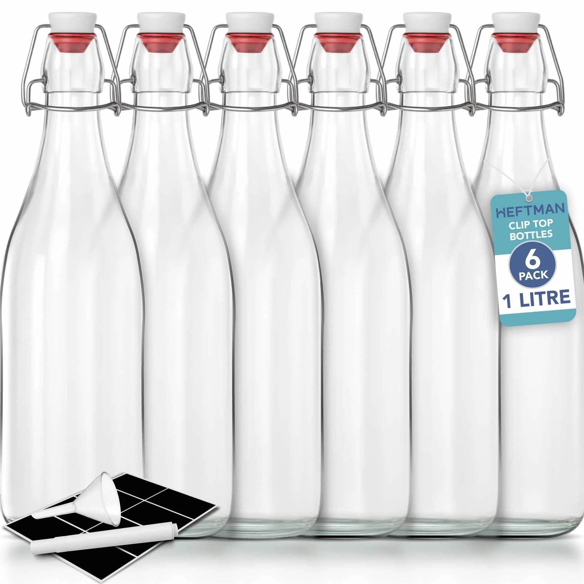 HEFTMAN Szklane butelki z zamknięciem, 1 litr, opakowanie z 6 przezroczystymi butelkami z hermetycznym zamknięciem na wino, przyprawy, napoje, olej, ocet, kombuchę i wodę, 6 sztuk (1 litr)