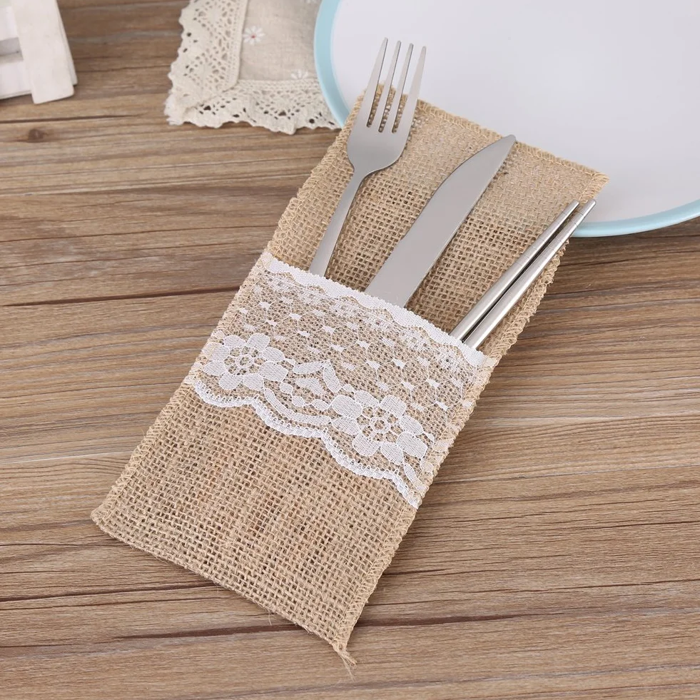 Uchwyty na Sztućce z Juty z Koronką, 10 Sztuk, 21x11 cm, Naturalne, Dekoracje Weselne i na Przyjęcia