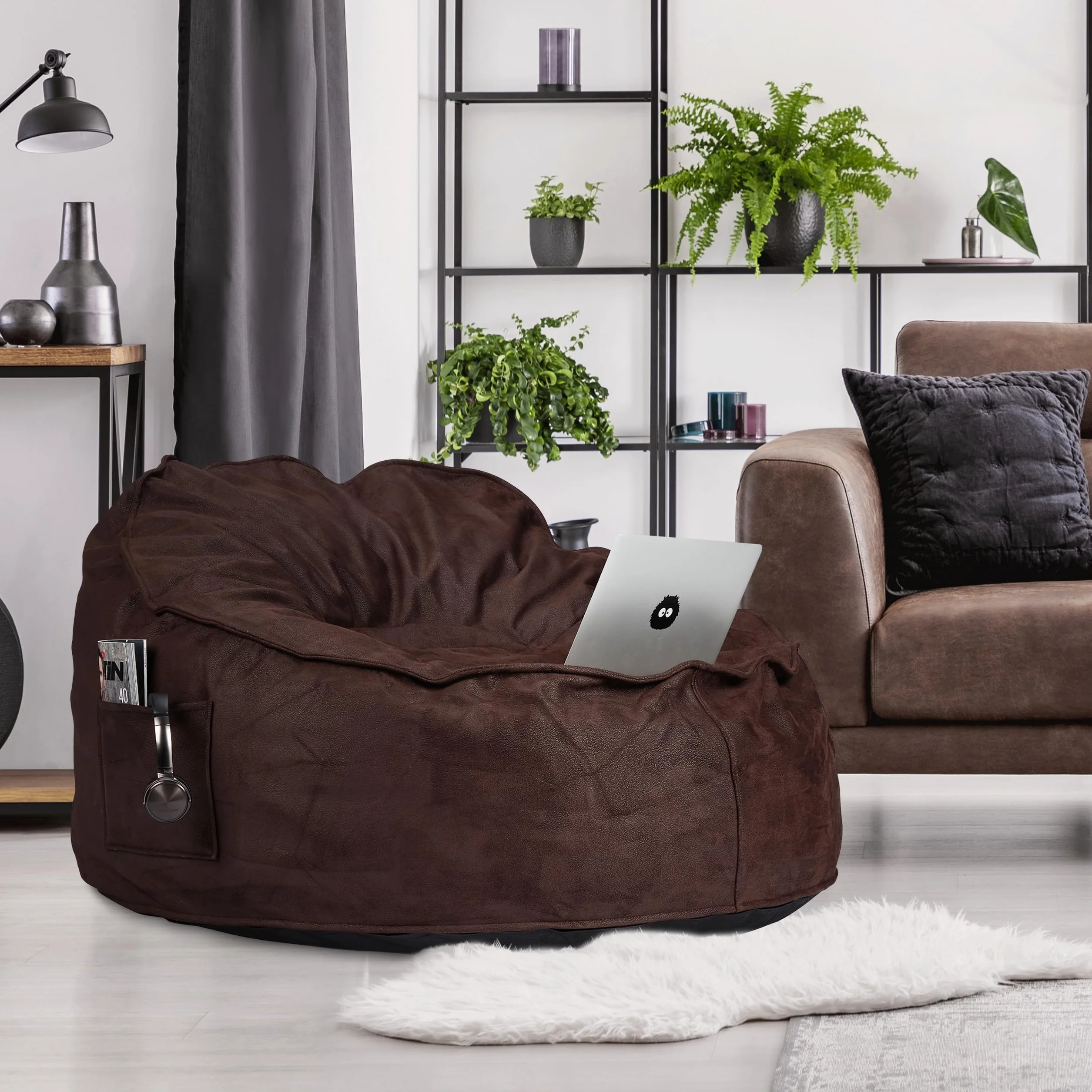Relaxdays Worek do siedzenia XXL, imitacja zamszu, pianka, 2 kieszenie, ciemnobrązowy