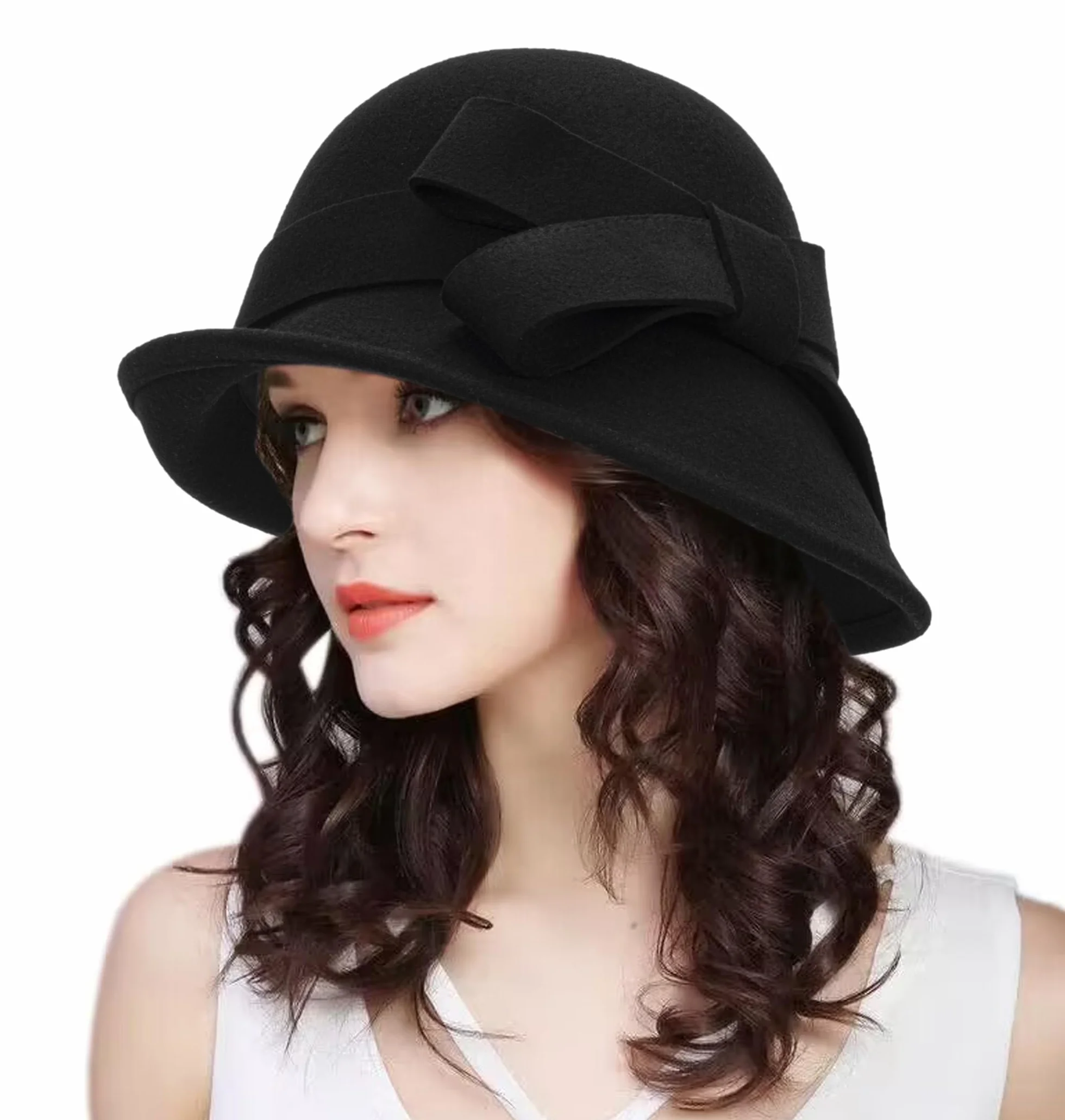 Damski kapelusz typu bucket z lat 20. XX wieku, klosz, kapelusz kościelny z kokardą, Czarny, M