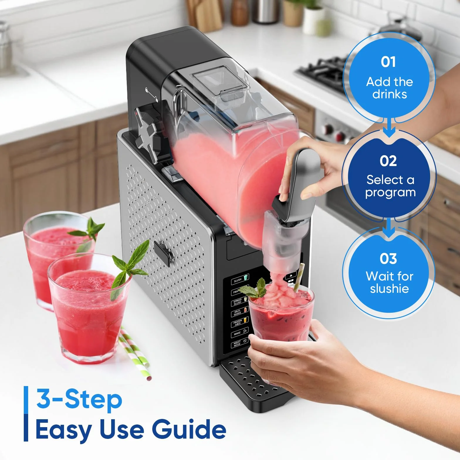 Maszyna do slushie – łatwa obsługa jednym przyciskiem, 2,5 l, nie wymaga lodu, z wyświetlaczem LED, 6 automatycznych programów do margarity, frappé, koktajli mlecznych, prosta obsługa jednym (srebrny)