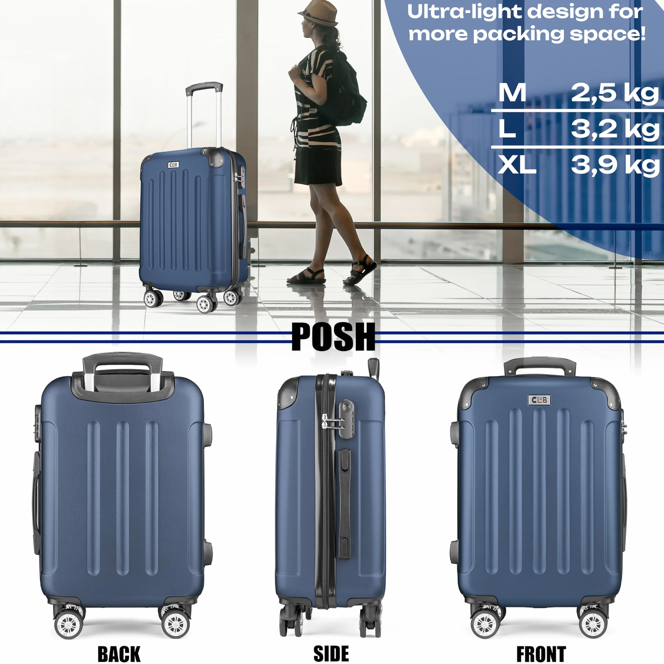 POSH Walizka z twardą skorupą, na kółkach, bagaż podręczny na kółkach, duża, średnia, mała, z tworzywa ABS, lekka, 3 sztuki w rozmiarach M-L-XL, Ciemnoniebieski, M, Walizka ABS