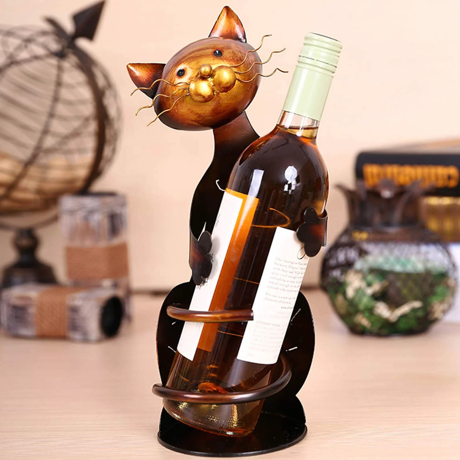 Stojak na wino w kształcie kota, metalowa rzeźba, dekoracja domu