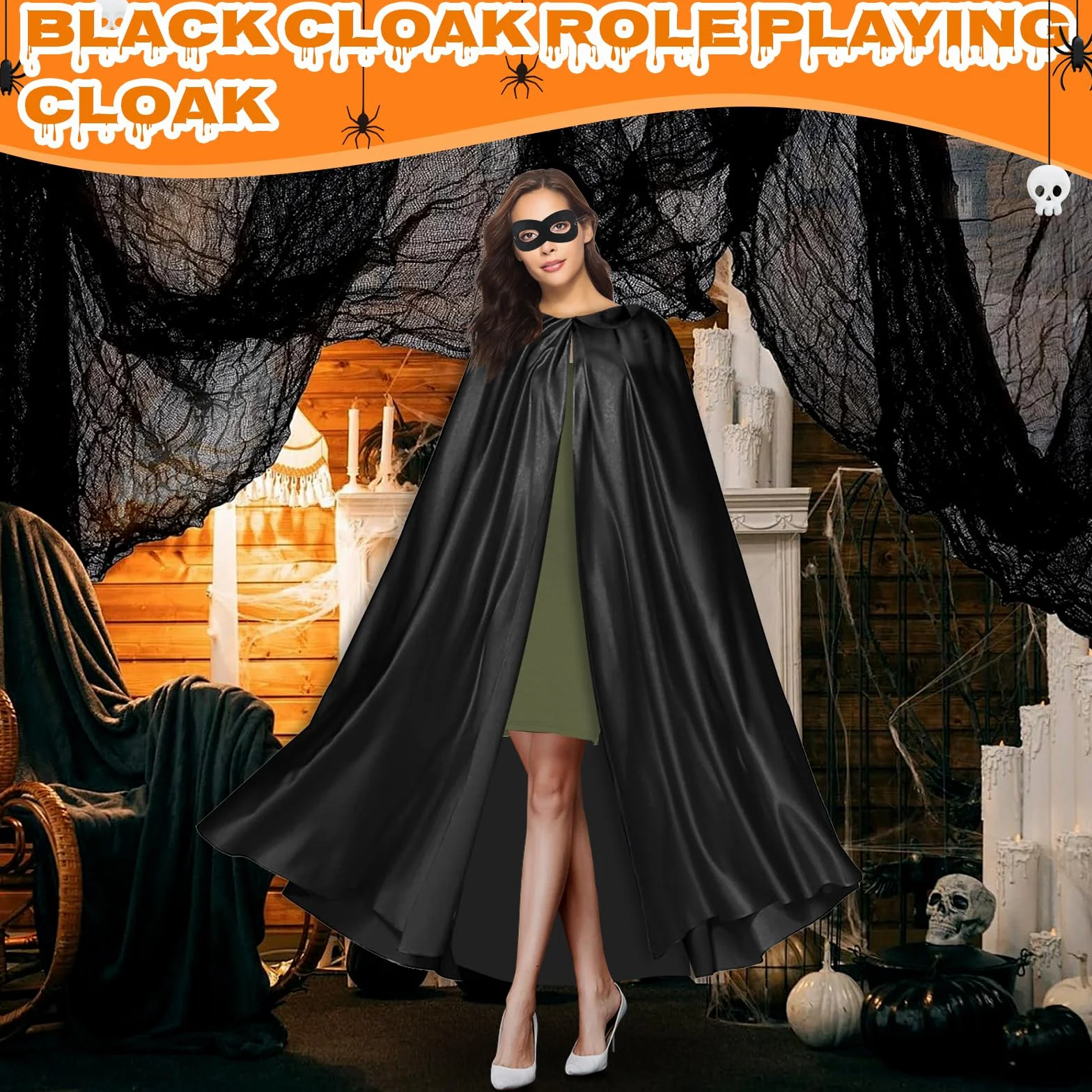 AKONE Peleryna na Halloween z kapturem, unisex, czarna, na Halloween, zestaw dla dorosłych, kostium wampira, kostium na Halloween, średniowieczny szlafrok, 180 cm