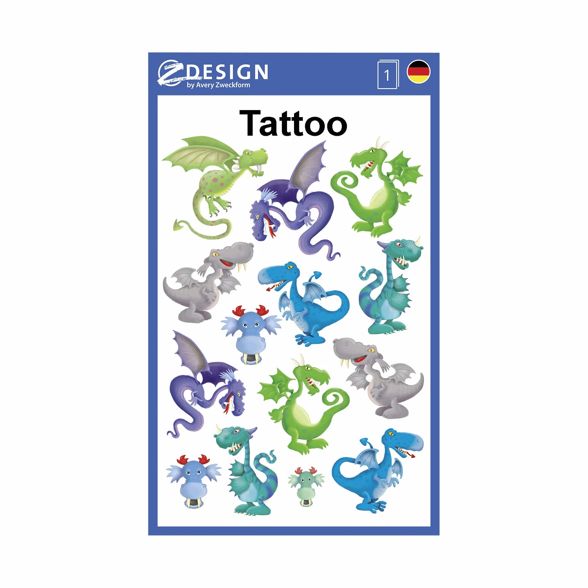 AVERY Zweckform 56751 tatuaże dla dzieci, 14 sztuk (tymczasowe tatuaże smoki, tatuaże dla dzieci, wodoodporne, tatuaże klejone, urodziny dziecka, upominki, nagrody na imprezy dla dzieci, do zabawy, tatuażu dla chłopców