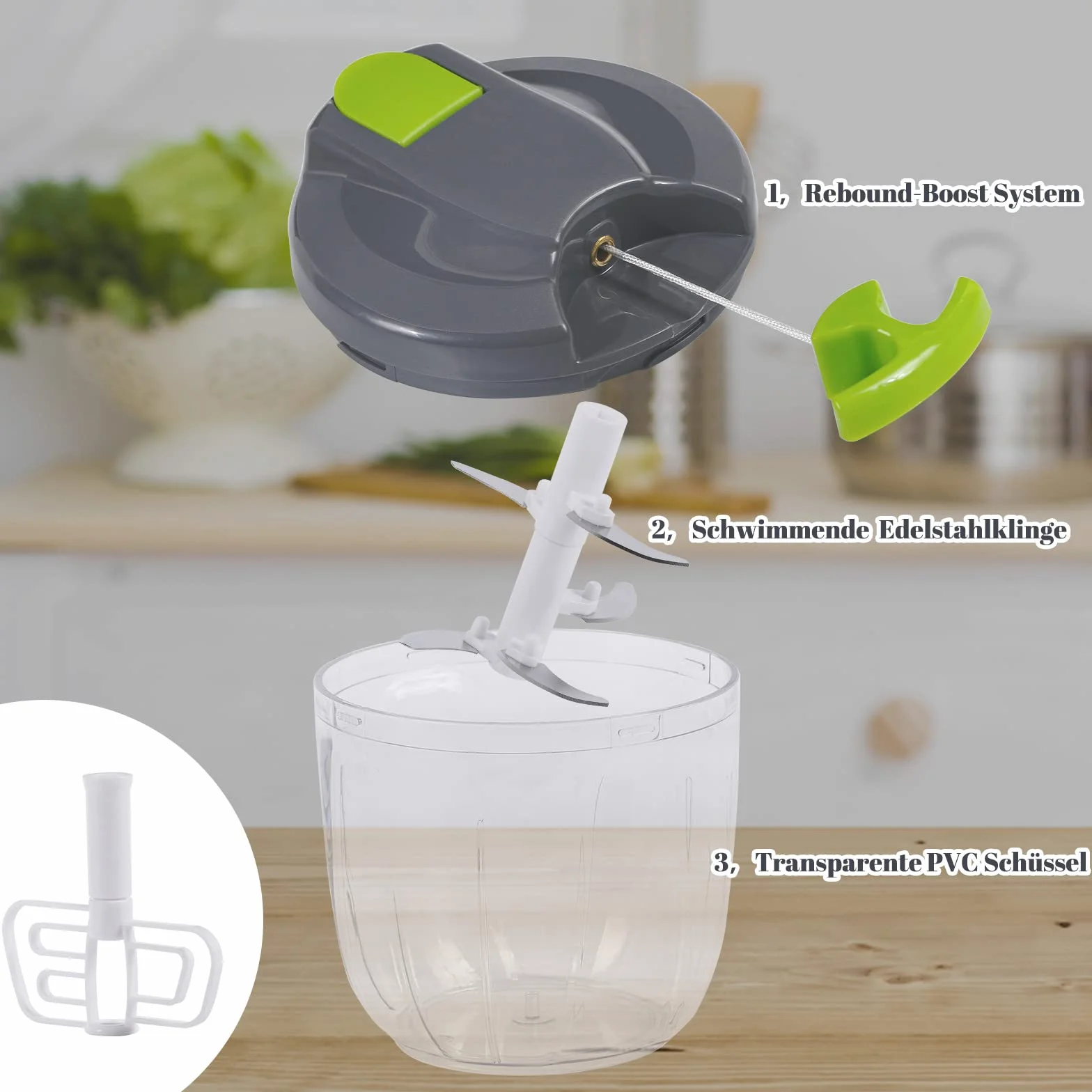 Gucass Ręczna szatkownica do cebuli 900 ml rozdrabniacz siekanie mieszanie warzyw szaro-zielony