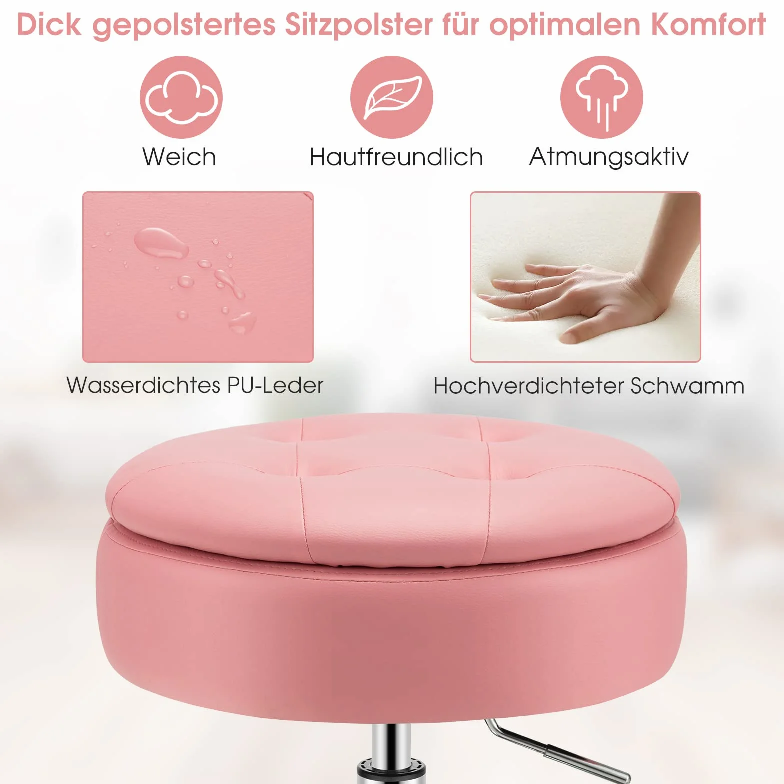 GOPLUS obrotowy stołek do makijażu, otoman z pokrywą, obrotowy taboret z regulacją wysokości 51-56 cm do salonu i sypialni (różowy)