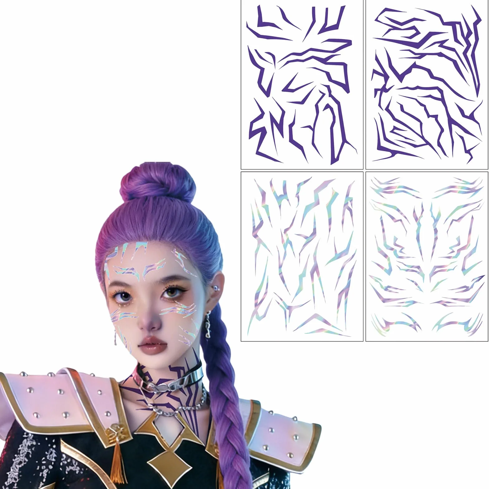 4 arkusze k-pop tymczasowe tatuaże myśliwskie, kostium demonów, na cosplay, karnawał, Halloween, imprezę sceniczną