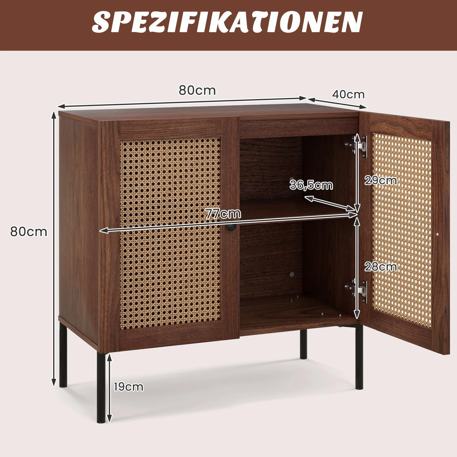COSTWAY Kredens z 2 drzwiami rattanowymi, szafka kuchenna z drewna, 80 x 40 x 80 cm, orzech