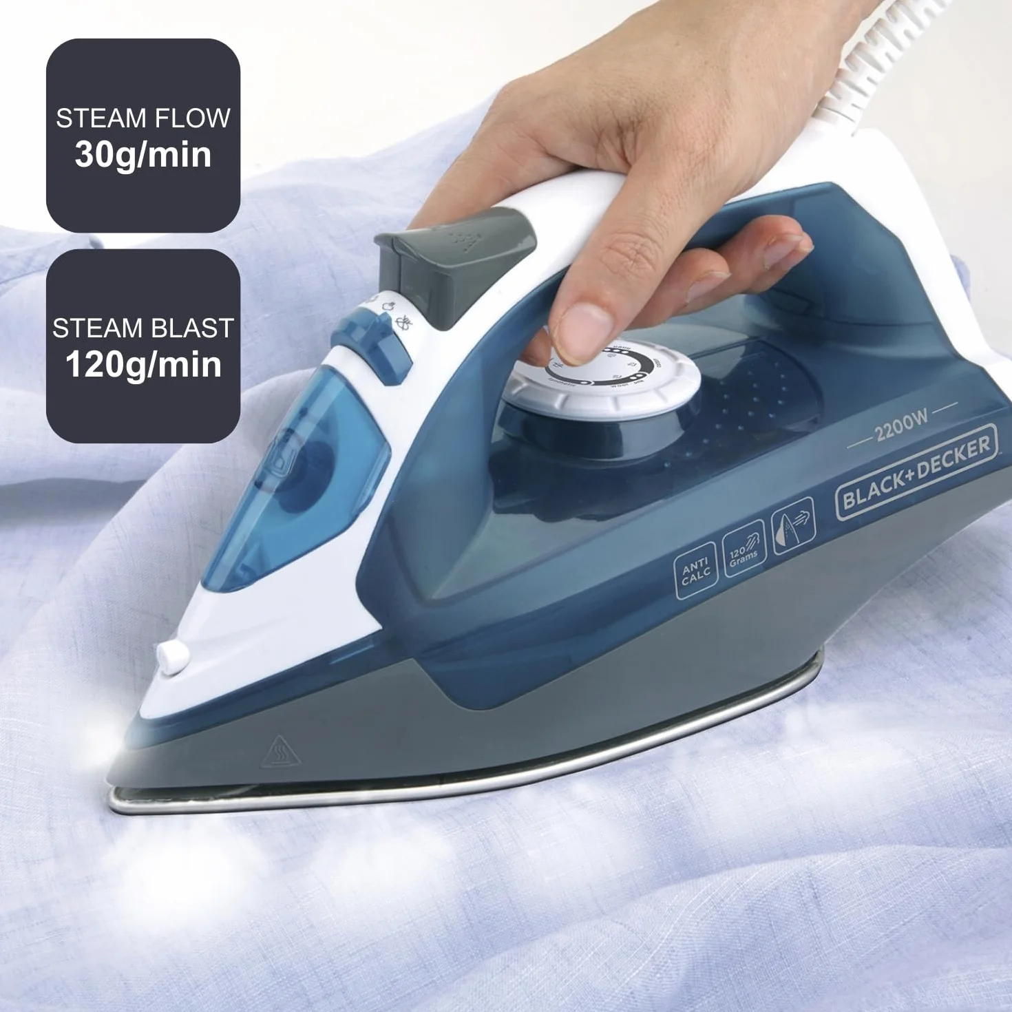 Black+Decker Niebieski BXIR2200E żelazko parowe, 2200, tworzywo sztuczne, 370 ml