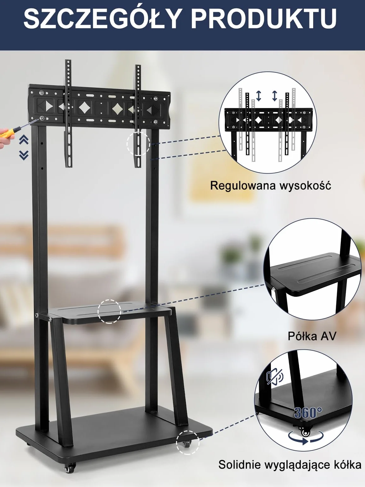 Maiproo Chariot TV mobile à roulettes pour écrans plats LCD LED OLED de 32 à 75 pouces - Peut supporter jusqu'à 45,4 kg - Avec roue de verrouillage réglable en hauteur - Robuste