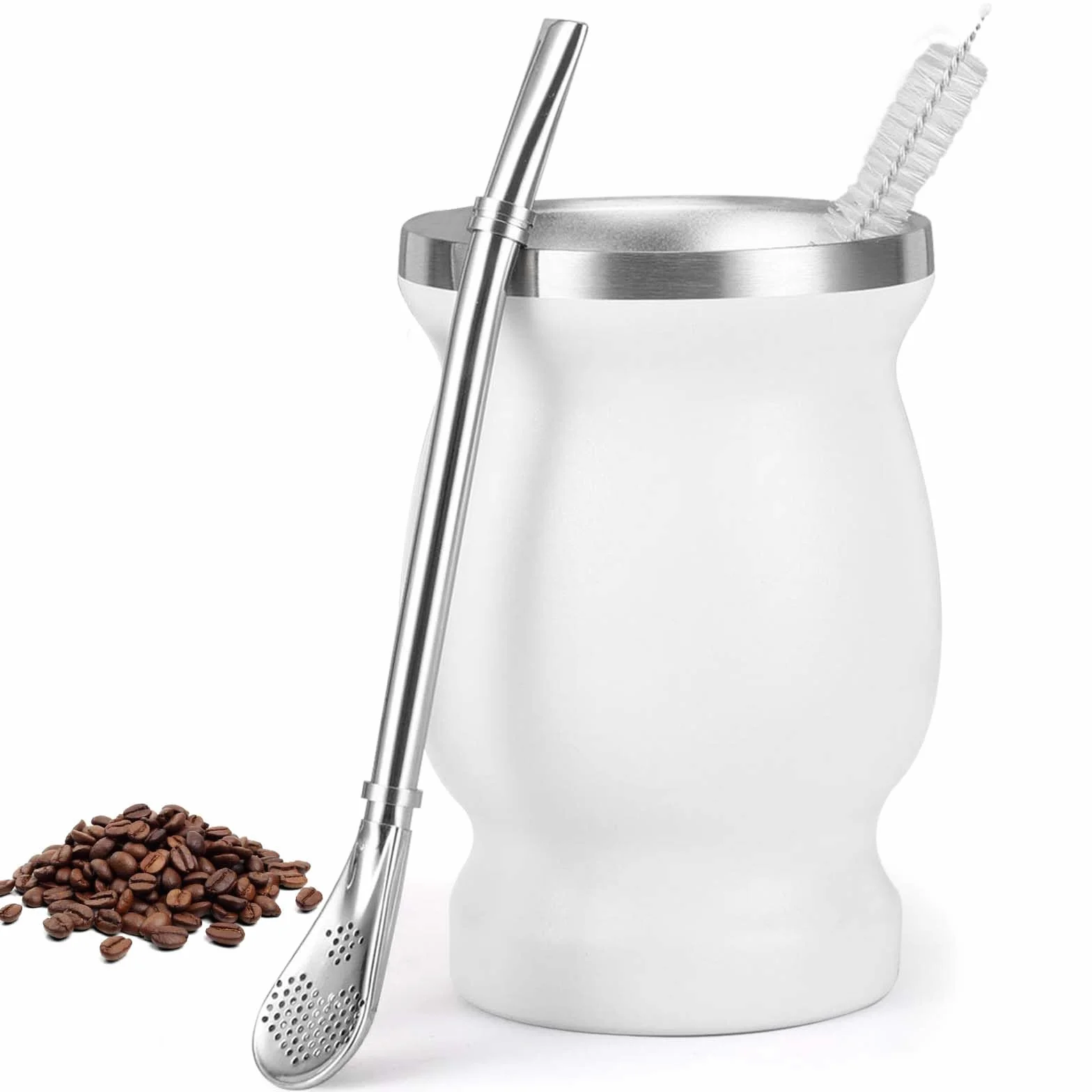 Zestaw kubków Yerba Mate ze stali nierdzewnej z łyżeczką i szczotką, biały