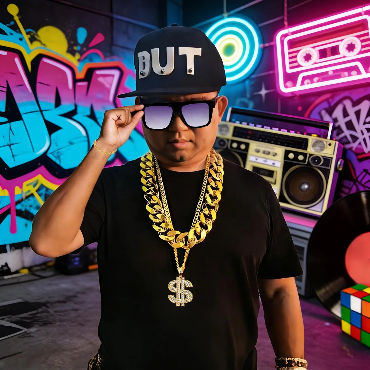 Zestaw 8-częściowy Hip Hop, Przebranie rapera z lat 80., Przebranie rapera z zestawem naszyjników, Złota łańcuch, Naszyjnik z znakiem dolara, Okulary przeciwsłoneczne, na Mardi Gras