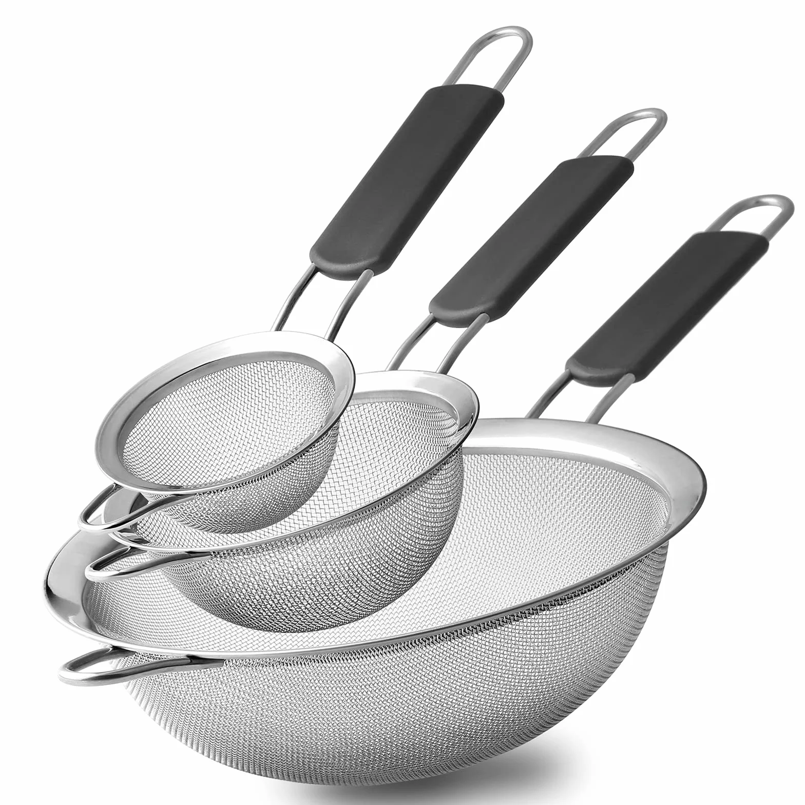 Feines Sieb Küchensieb Edelstahl Mehlsieb Seiher mit Silikon Griffen 3 Stück 8 12 20 cm Feinmaschig Siebe Set
