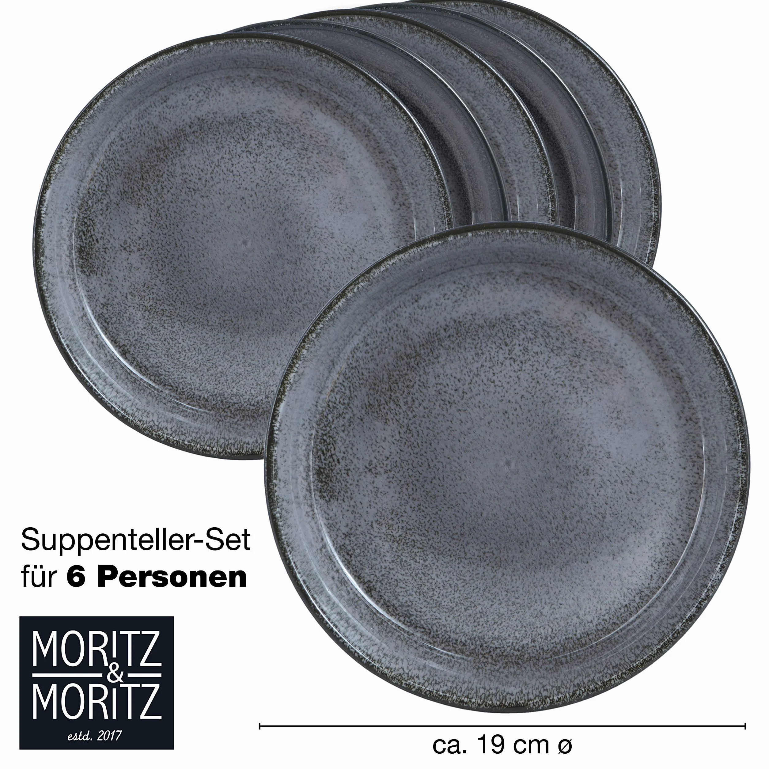 Moritz & Moritz VIDA zestaw 6 antracytowych talerzy do zupy, porcelana, mycie w zmywarce, mikrofala