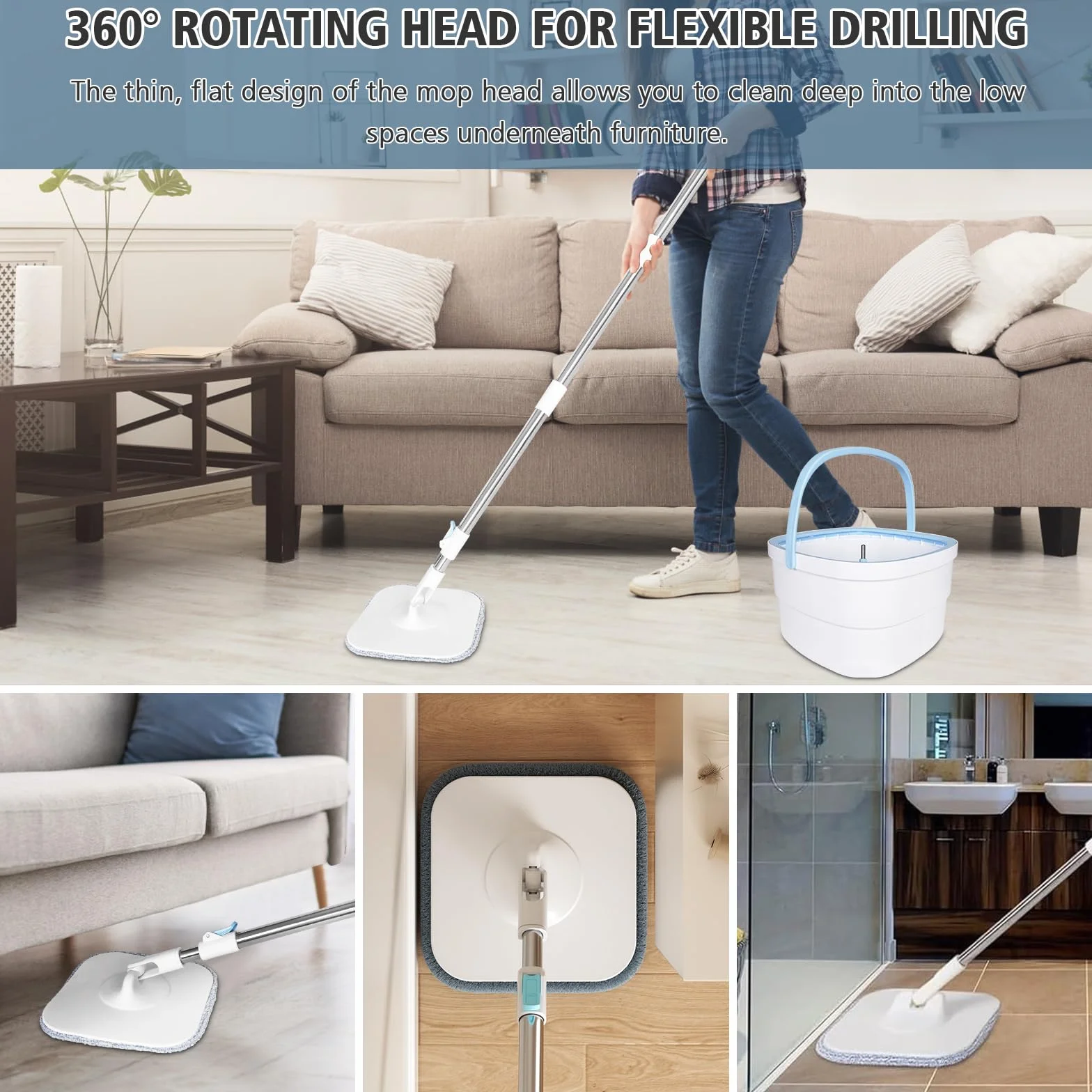 Mop do mopa 130 cm, z wiadrem wyciszającym, system filtrów 2 w 1 oddziela brud słodką wodę, mop z mikrofibry do podłóg okiennych, mop czyszczący z 2 podkładkami