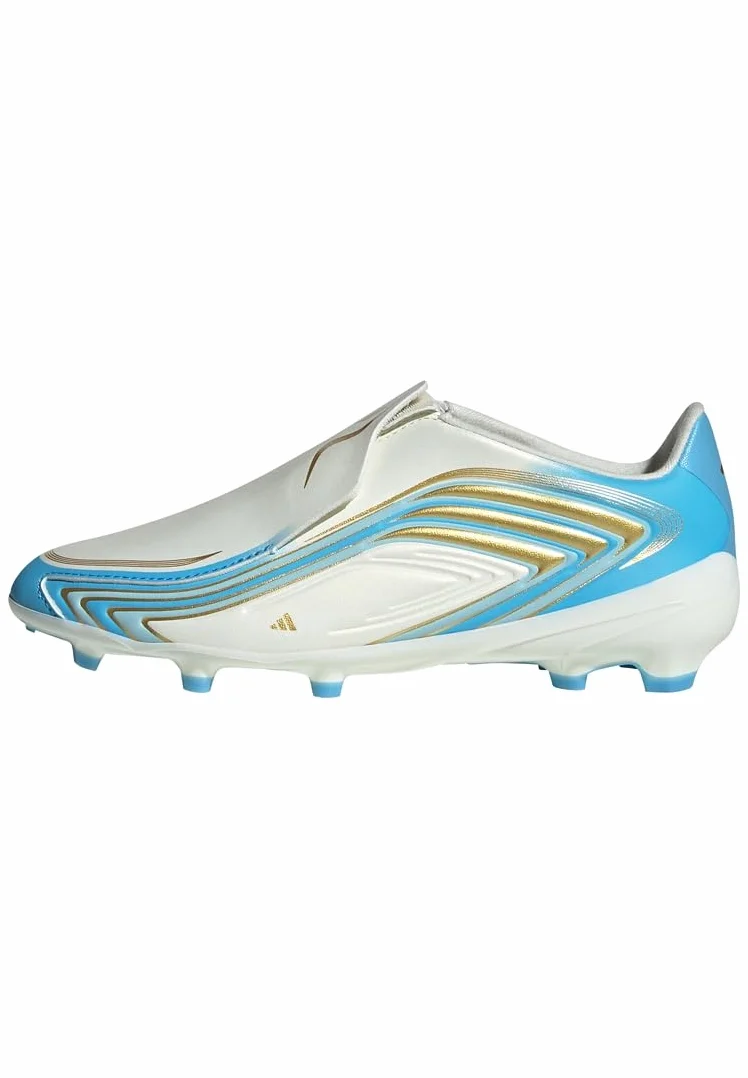 adidas Uniseks - dzieci F50 Messi League Laceless Firm Ground Football Boots Kids Shoes, ivory/semi blue burst/icey blue, 38 2/3 EU