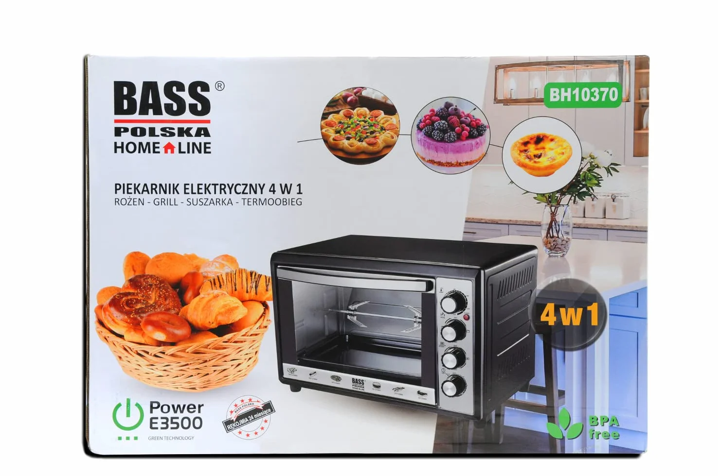 BASS POLSKA Mini piekarnik z rożnem 48L, do 230 ° C, mały piekarnik, piekarnik, piec do pizzy, ruszt - blacha do pieczenia - suszarka do owoców, małe kuchnie